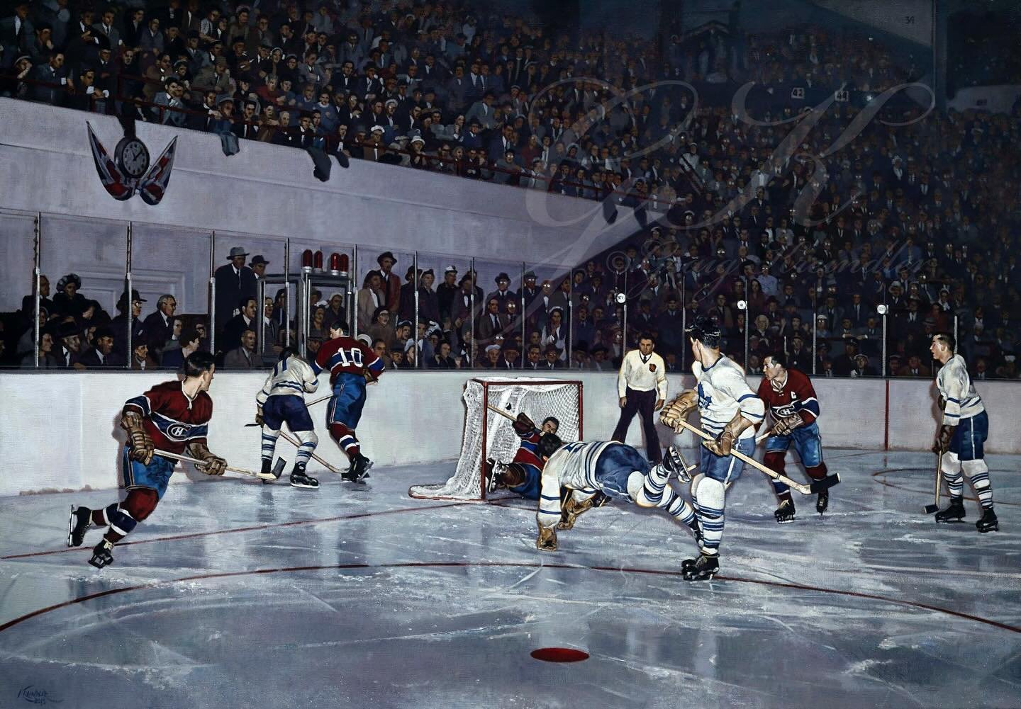 On this day in 1951, Bill Barilko scored the Stanley Cup winning goal in OT against Montreal (sorry @missjojo76) to give the Maple Leafs their 9th Stanley Cup. Here&rsquo;s my painting of that very moment, based on the photography of Nat Turofsky. Ho