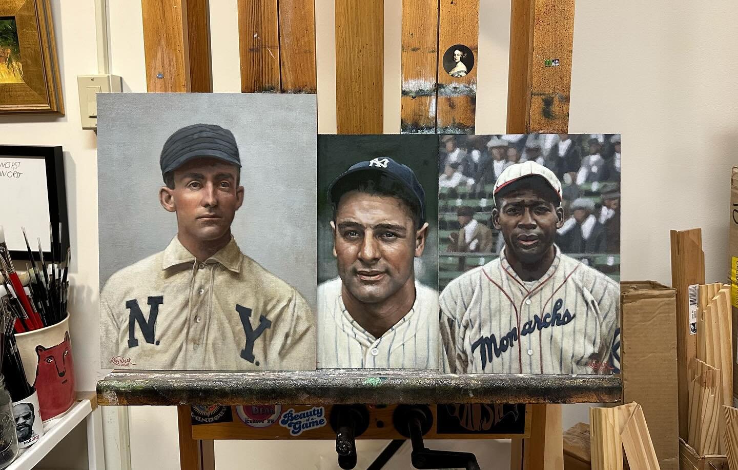 Off for some sunshine. Upon my return, these fellas are getting varnished and sent to the photographers.

#baseballart #MoonlightGraham #LouGehrig #BulletRogan