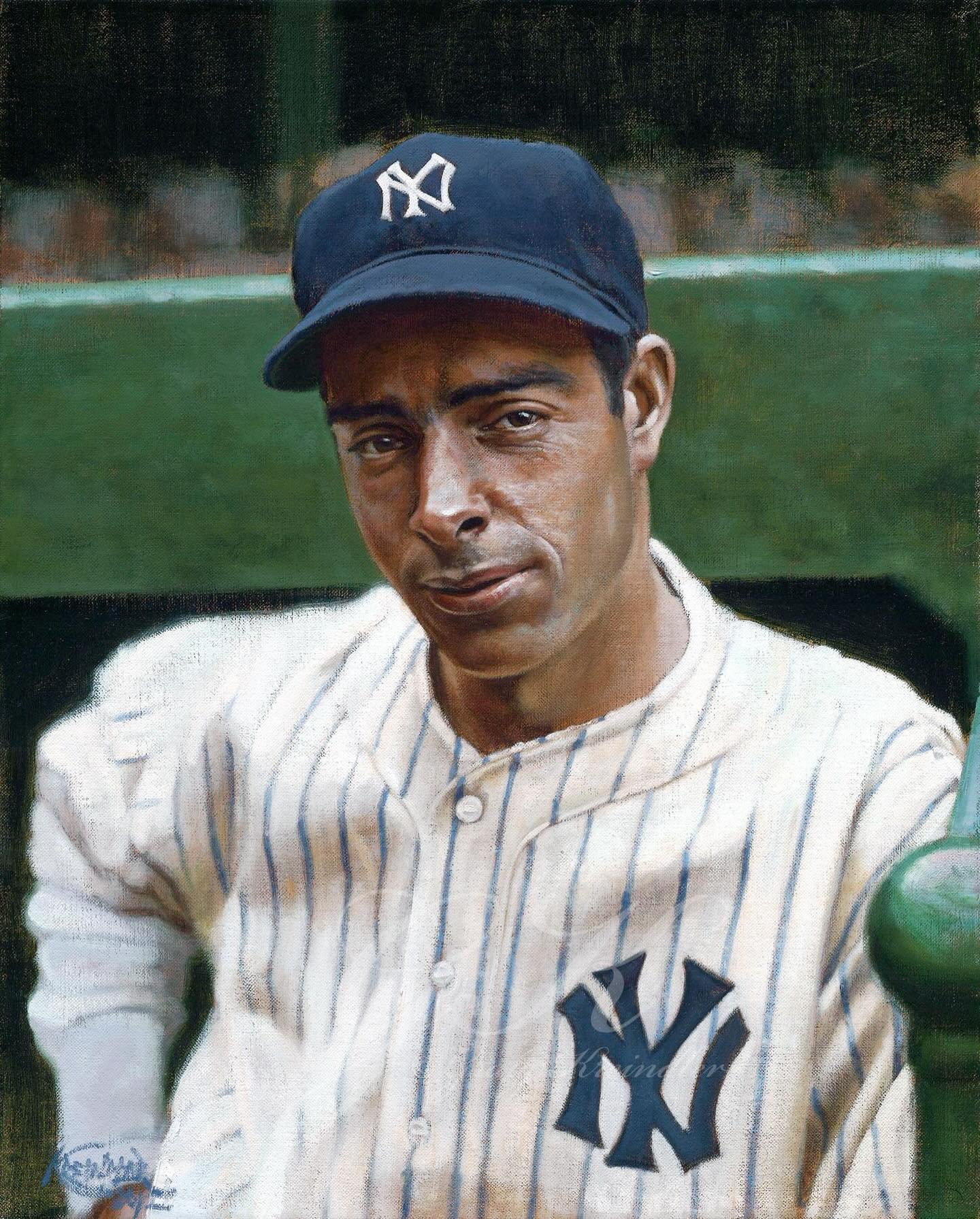 On this day in 1936, Joe DiMaggio made his regular season debut it with the Yankees, collecting three hits (one of which is a triple) in a 14-5 romp over the Browns. Here&rsquo;s my painting depicting him during that season, based on the photography 