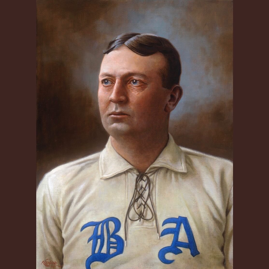 On this day in 1904, Cy Young threw the first perfect game in American League history, defeating Rube Waddell and the Philadelphia Athletics, 3-0. Here&rsquo;s my painting of him with the Boston Americans in 1902, based on the photography of Carl Hor
