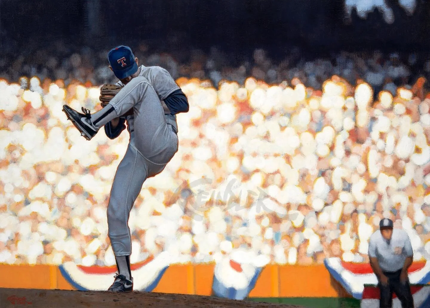 Happy 79th birthday to Nolan Ryan!! Here&rsquo;s my painting of him winding up during the 1989 All-Star Game (July 11th), based on the photography of David Madison. Man, it was a lot of fun to play around in that light.

#baseballart #NolanRyan