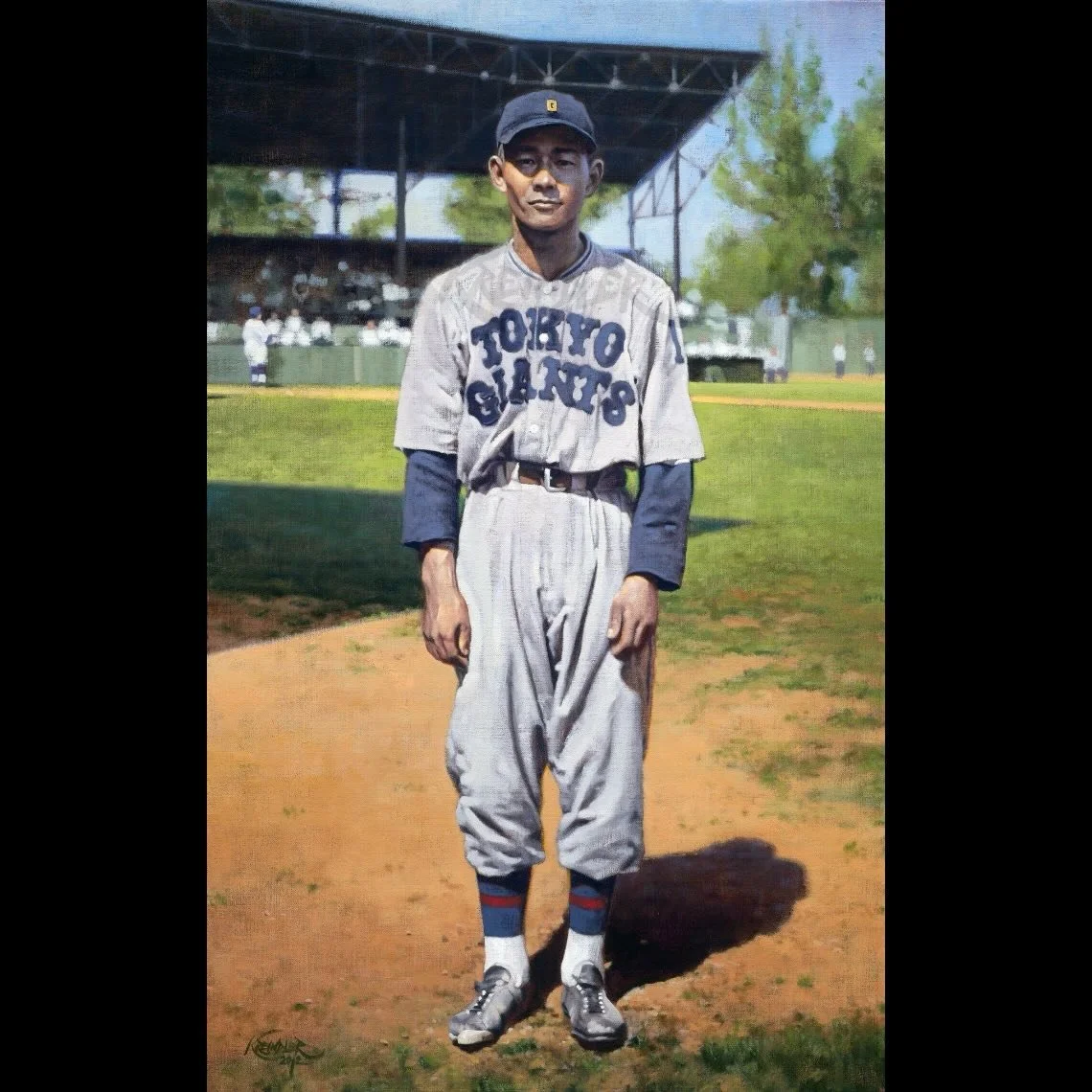 On this day in 1917, Eiji Sawamura (沢村栄治) was born in Ujiyamada, Japan. He&rsquo;s most famous for striking out some guys named Ruth, Gehrig, Foxx and Gehringer in succession during a barnstorming tour of Japan in 1934. Here&rsquo;s my painting of hi