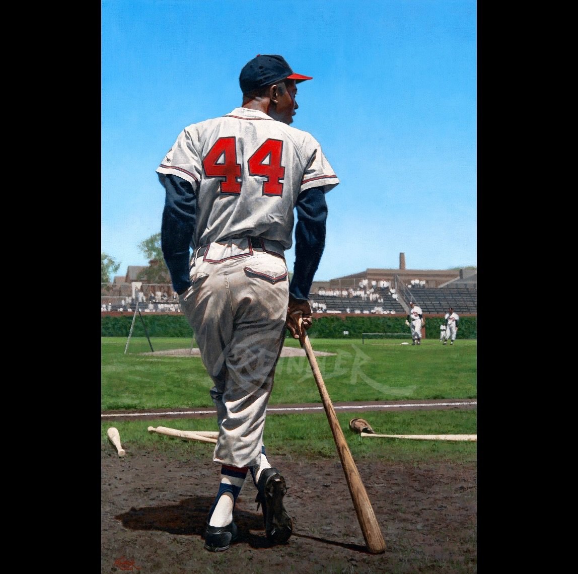 On this day in 1954, Henry Aaron started his first game wearing a Braves uniform. After collecting three hits in the spring training game against the Red Sox, the Braves offered him a contract. Here&rsquo;s my painting of him at Wrigley Field in 1957