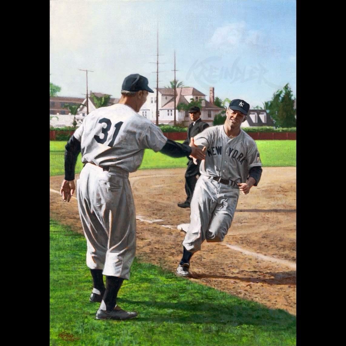 On this day in 1951, Mickey Mantle hit a homer that traveled VERY far in an exhibition game against @sctrojans_baseball at Bovard Field. @leavyjane speaks more about this performance in her wonderful book, THE LAST BOY. Here&rsquo;s my painting of hi