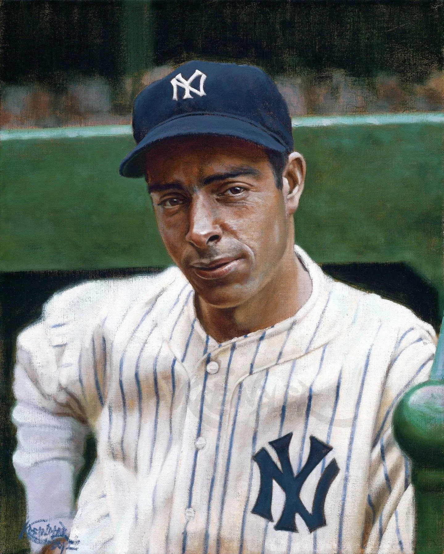 On this day in 1936, Joe DiMaggio made his regular season debut with the @Yankees, collecting three hits (one of which was a triple) in a 14-5 romp over the Browns. Here&rsquo;s my painting depicting him during that season, based on the photography o