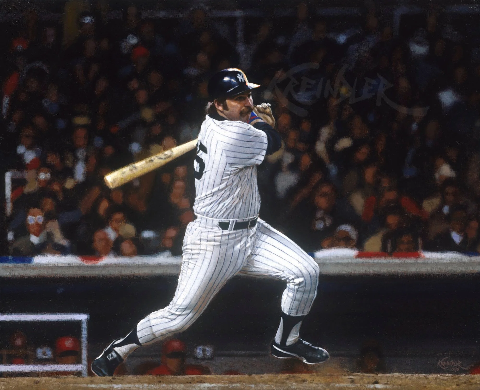 On this day in 1947, Thurman Munson was born in Akron, OH. One of the most clutch postseason players the @yankees ever had, most still feel he&rsquo;s underrated. Here&rsquo;s my painting of the great man, lacing a hit during Game 3 of the 1976 World