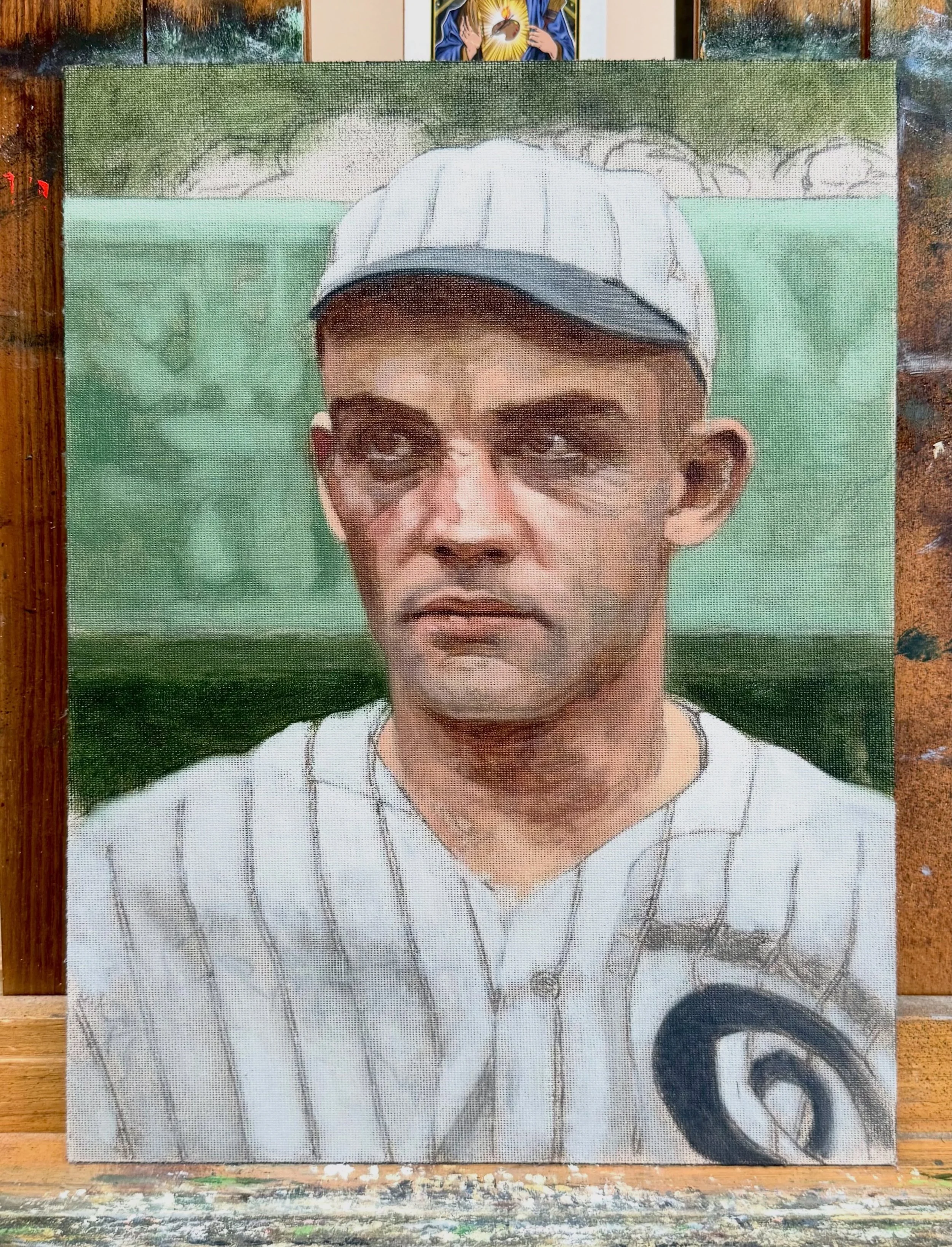 An initial block-in of Chick Gandil, the mastermind behind the fixing of the 1919 World Series. I&rsquo;ve always wanted to paint these guys for obvious reasons&mdash;kinda feel like I need to do a series of 12&rdquo; x 9&rdquo;s depicting each of th