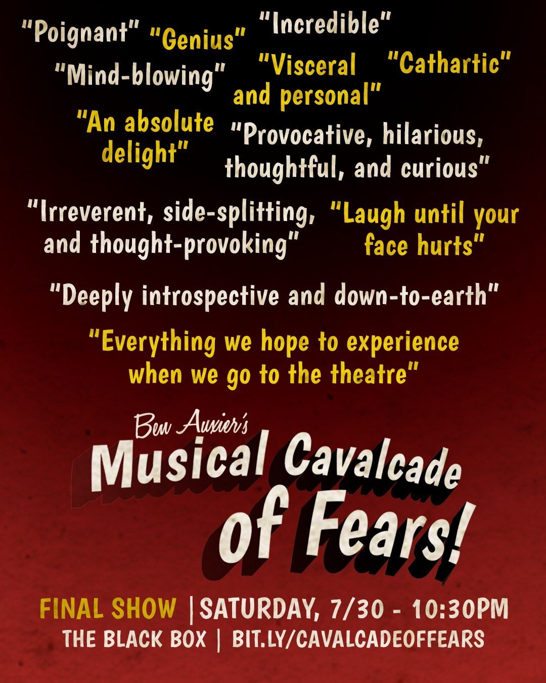 FINAL SHOW TONIGHT⁠
10:30PM, DOORS OPEN AT ABOUT 10:15⁠
(Link to all events in bio)⁠
⁠
Critics and audiences love Ben Auxier's Musical Cavalcade of Fears, and so will you! Unless you miss it! So don't! Because of love! ⁠
⁠
Presented by @thelivingroom