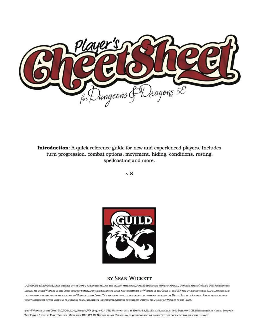 D&amp;D 5e Player Cheet Sheet by Sean Wickett