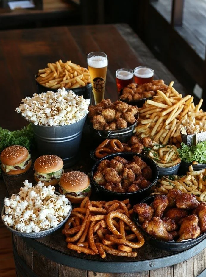 Living room coffee table styled with snacks on a tray for game day