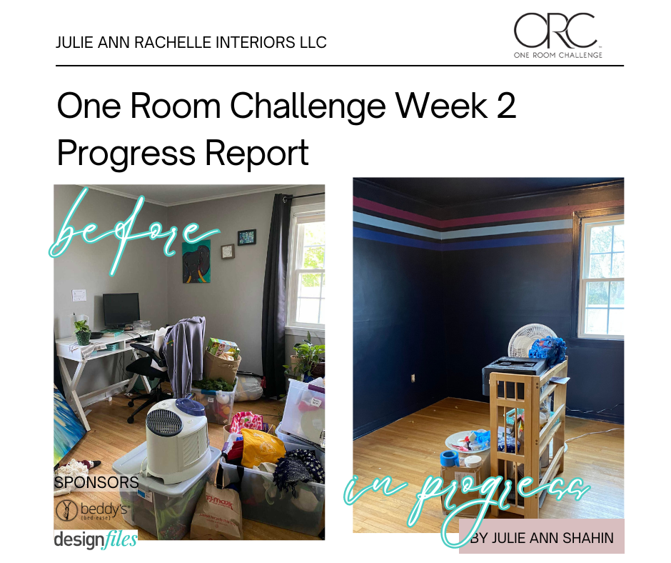 Before and after images showing the transformation of a cluttered gray office into a sensory-friendly teen bedroom makeover with a dominant navy color and accent stripes for the One Room Challenge Week 2 Progress.