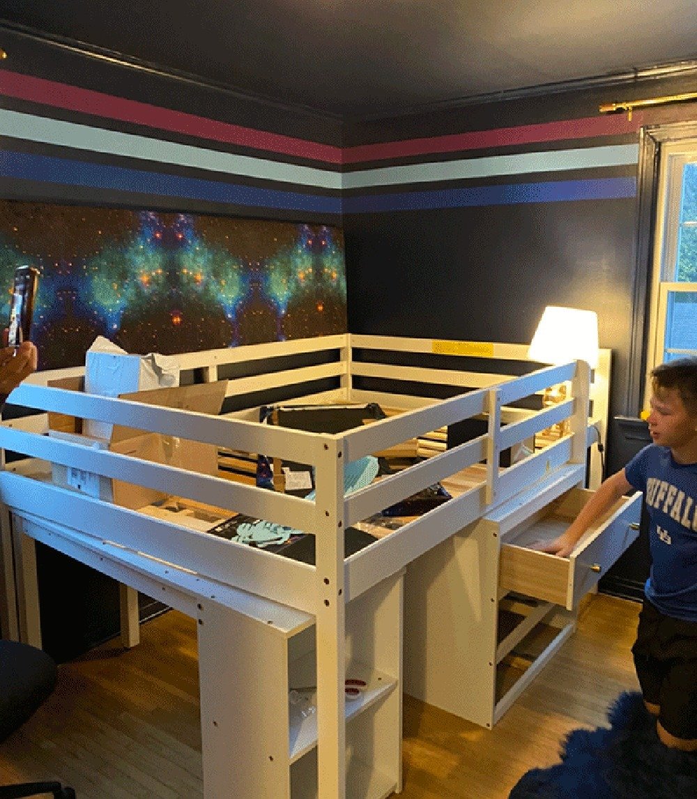 Team effort for the win!  Building this loft bed (photo shows it in progress) for the #OneRoomChallenge wouldn't have been possible without everyone pitching in.

Huge shoutout to @daveshahin Dave's handy skills (seriously, that guy can build anythin