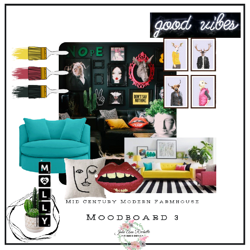 Expressive Elegance: Whimsical Mid-Century Modern Farmhouse Moodboard by Julie Ann Rachelle Interiors