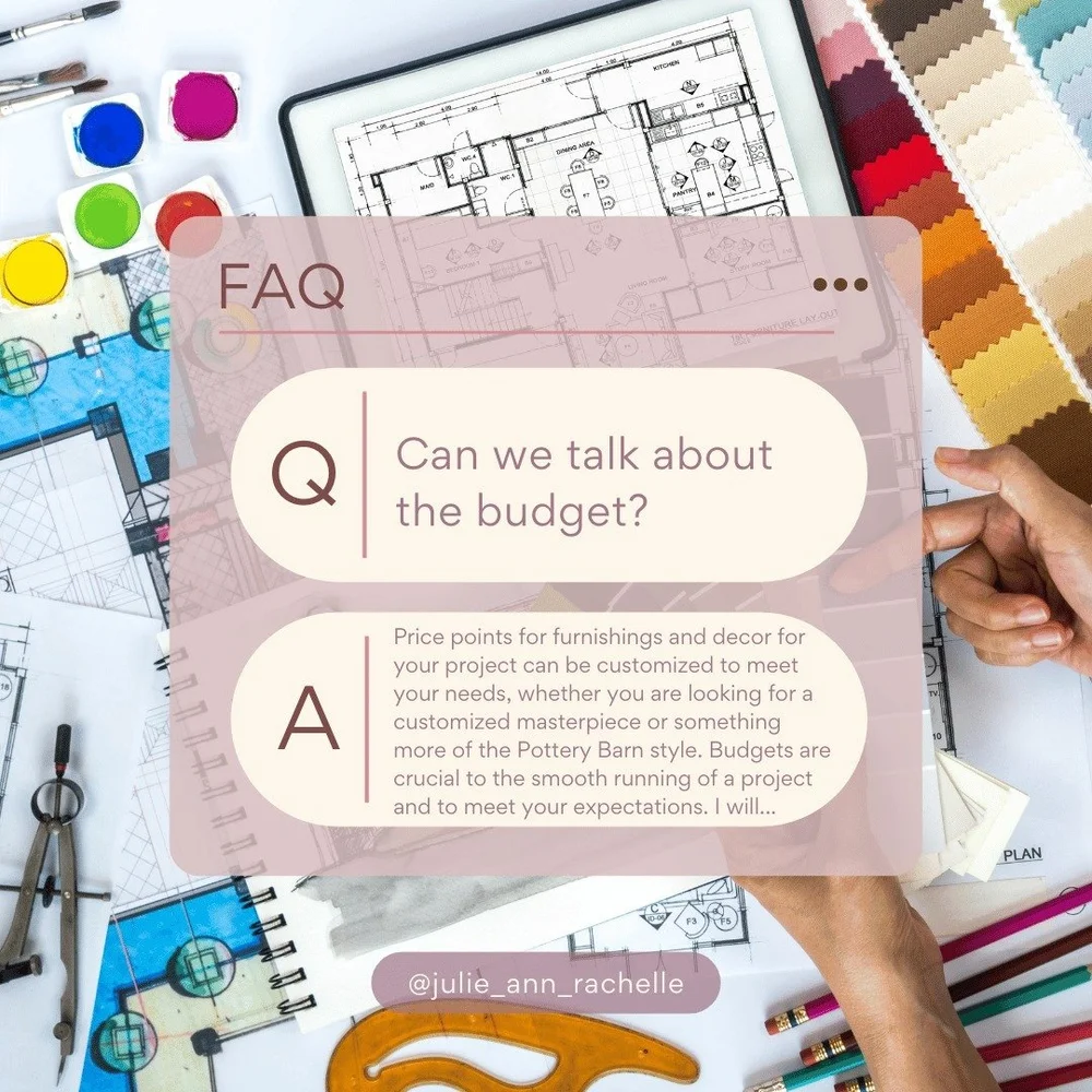 Let's talk budgets for your home decor using an interior designer! ⁣
💰1. Be sure to tell the designer not only what your budget is for home decor and furnishings, including all labor, shipping, fees, etc.; also let him/her/they know  what your budge