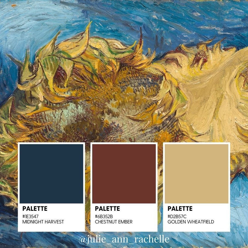 🍂 Transform your home into an autumnal masterpiece with a touch of Van Gogh's genius! 🎨 Inspired by the artist's iconic use of color and texture, our fall color palette&mdash;Midnight Harvest, Chestnut Ember, and Golden Wheatfield&mdash;brings the 