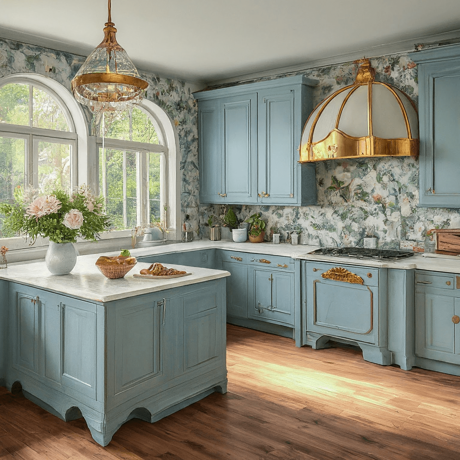 Elegant French country kitchen with light blue cabinetry, floral wallpaper, and a gold range hood. The kitchen features arched windows, a central island, and a floral vase as a centerpiece on the marble countertop.
