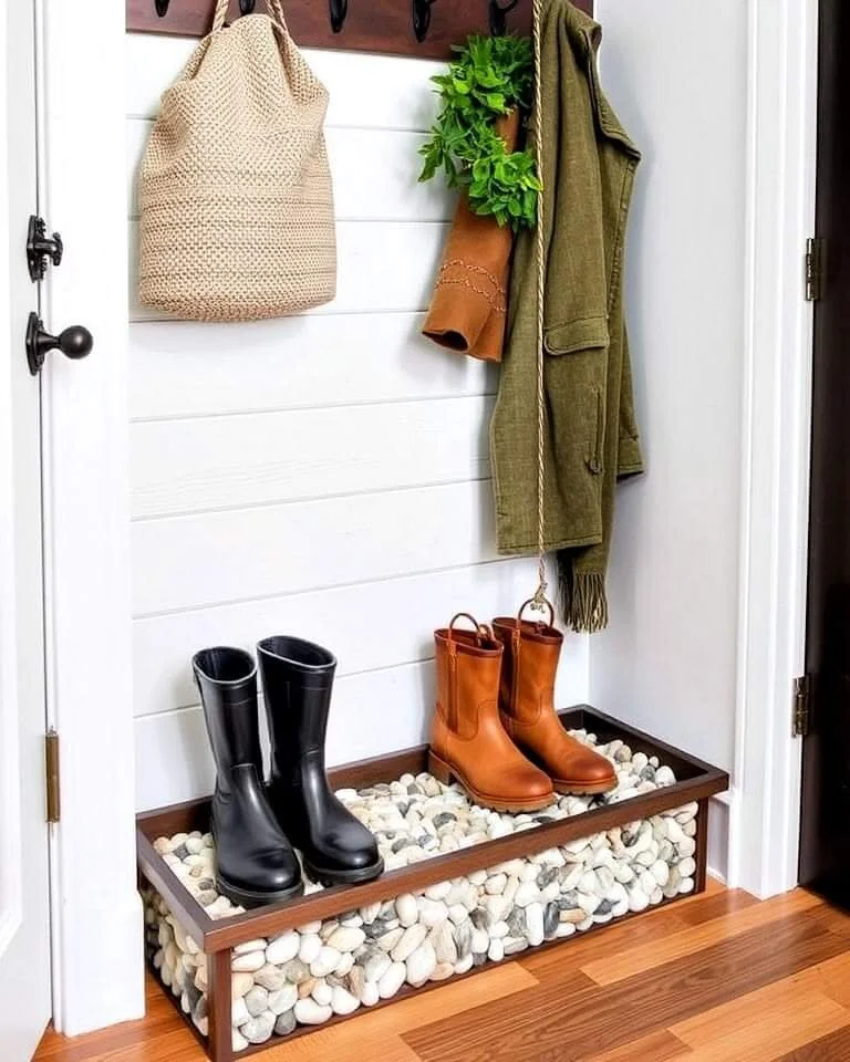 Entryway with layered mats and basket for winter accessories