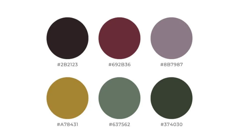 Color palette showing mustard yellow, deep plum, and forest green
