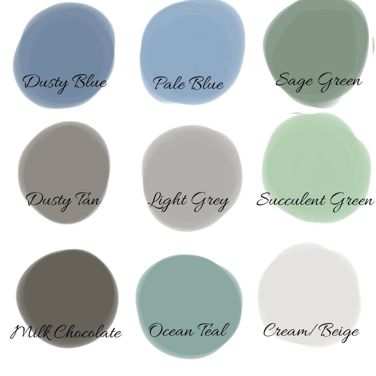 Color palette showing soft sage, dusty blue, warm gray, and oatmeal