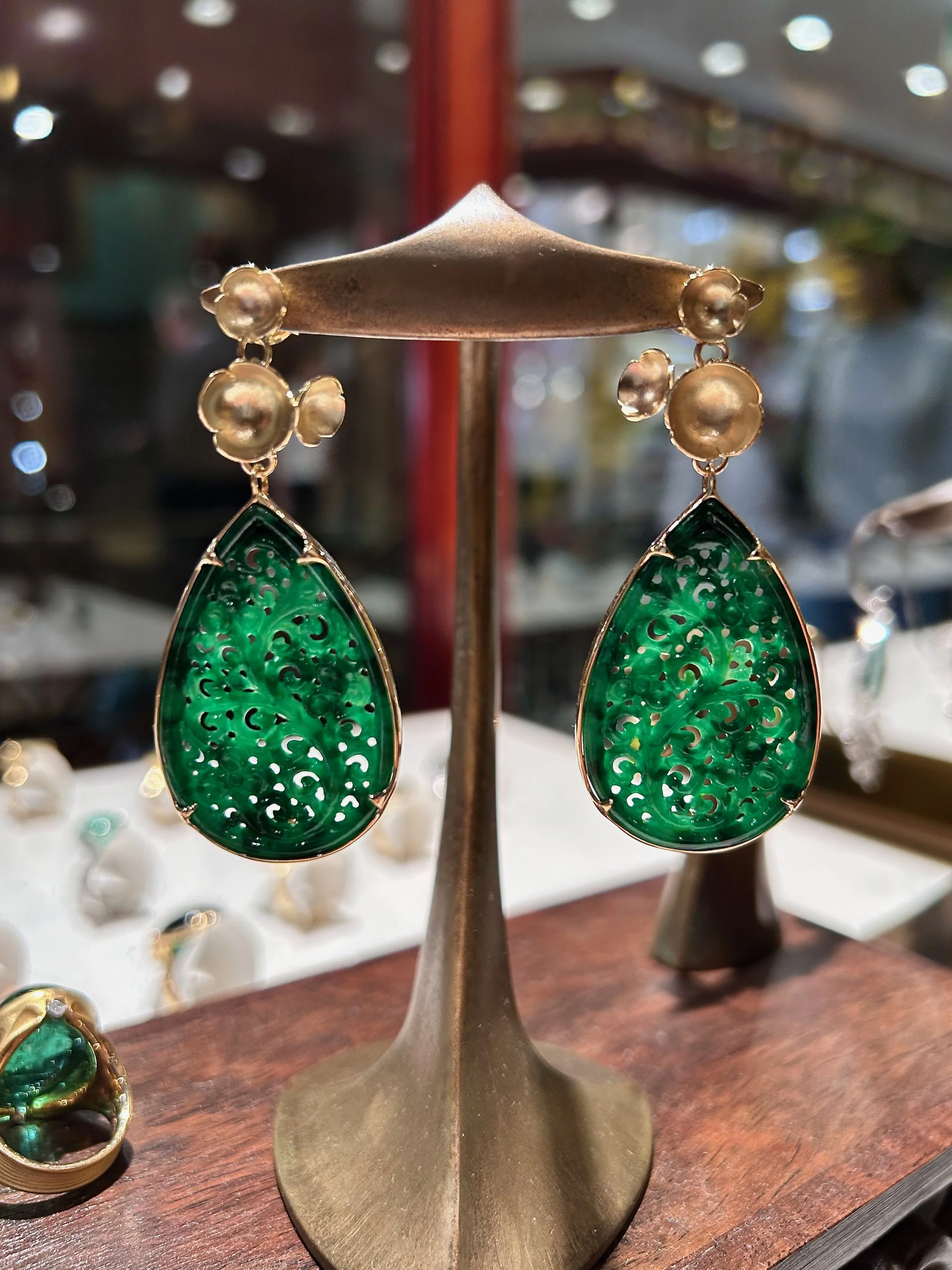 jonquil jade earrings hand carved Burmese type a green cocktail earrings
