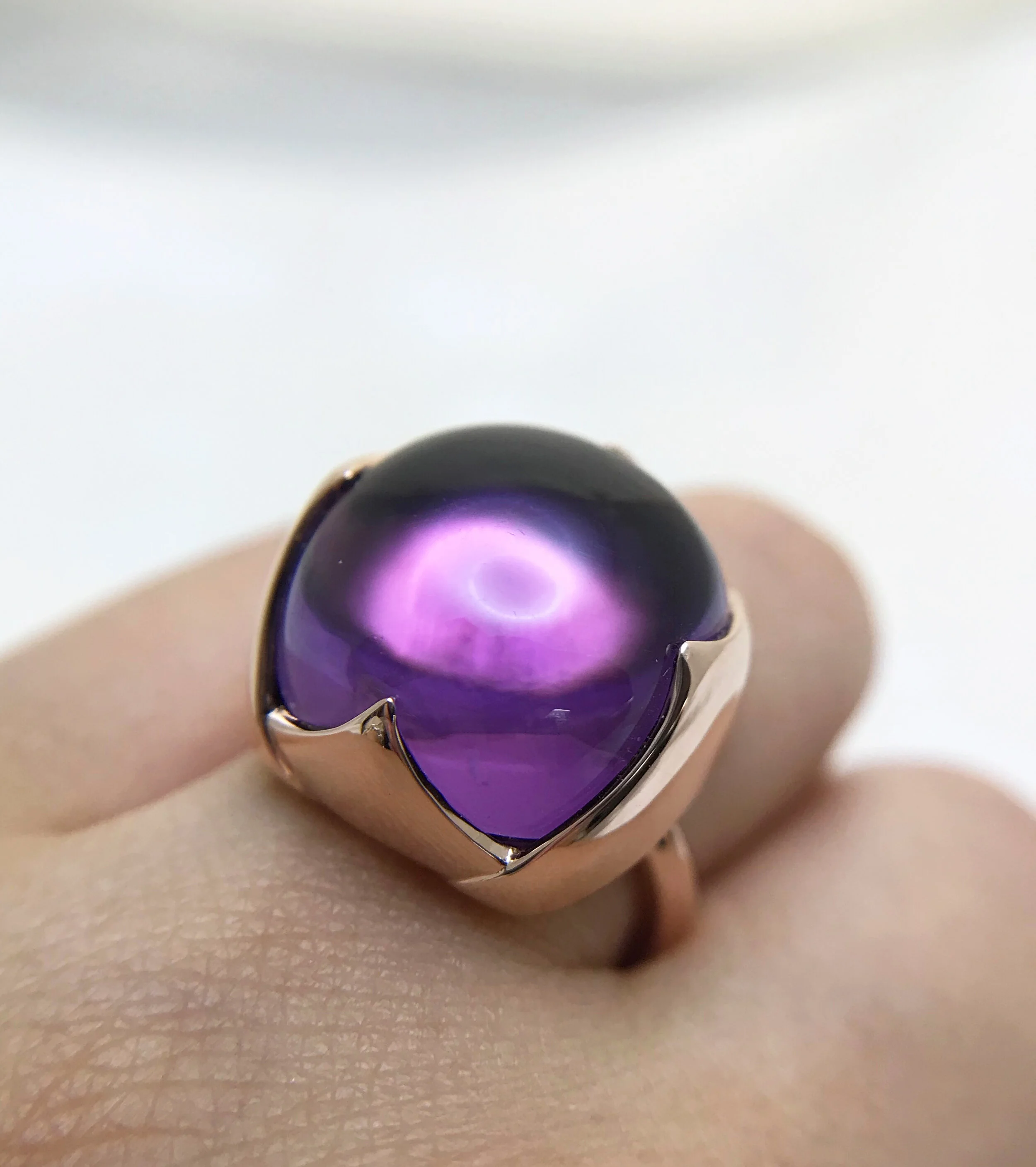 ORIBUD cushion cabochon Amethyst gemstone ring 18ct rose gold origami rose bud