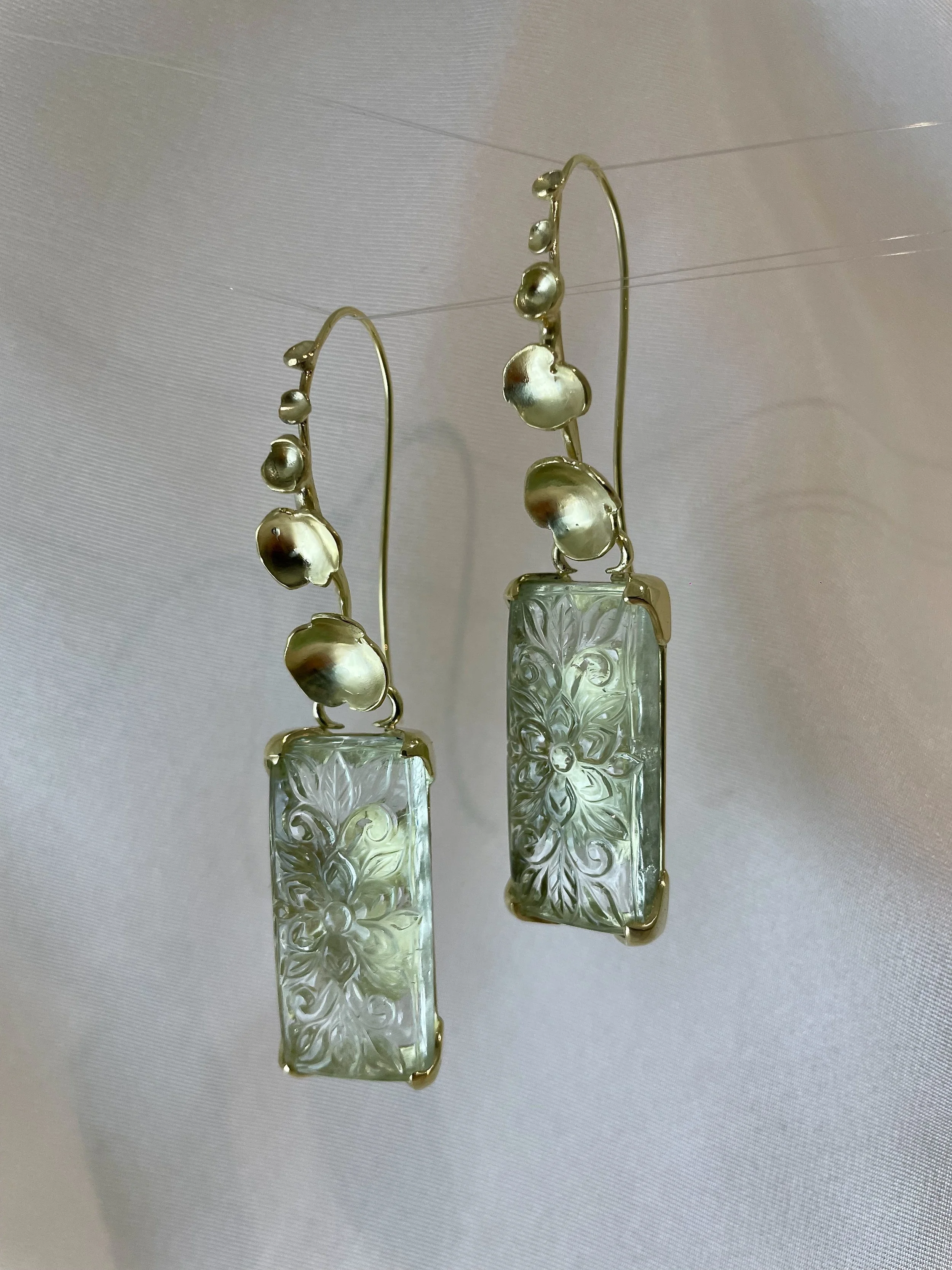 Lalique carved aquamarine earrings in green gold