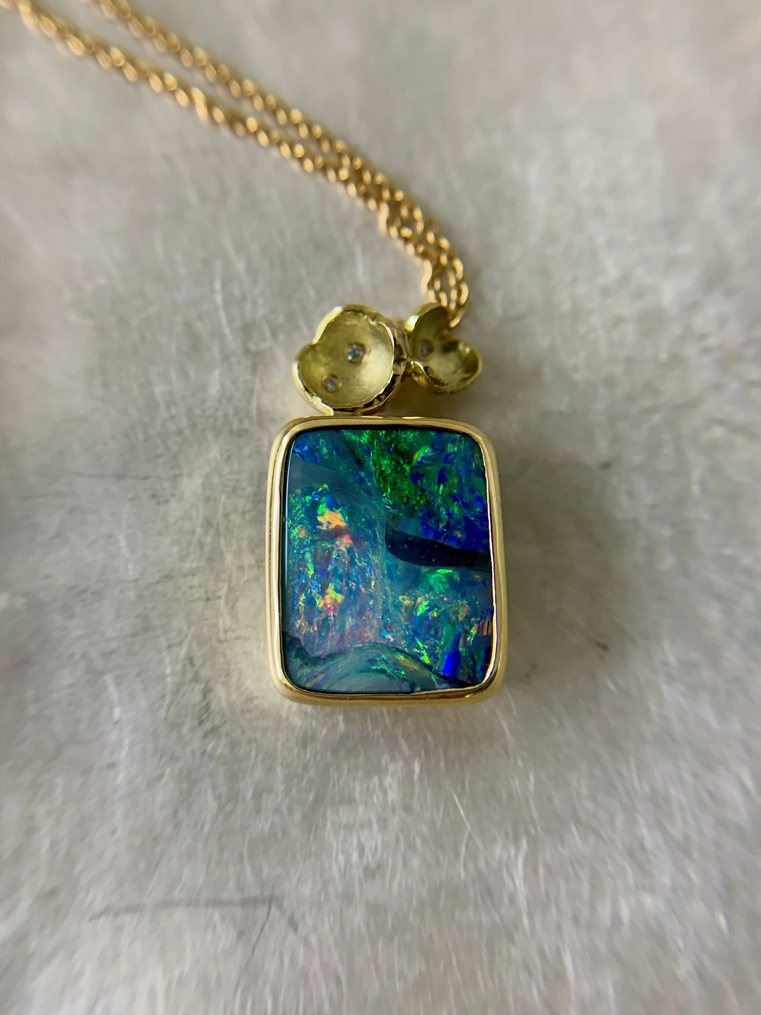 enoki opal pendant handmade 18ct yellow gold hand forged flowers diamonds