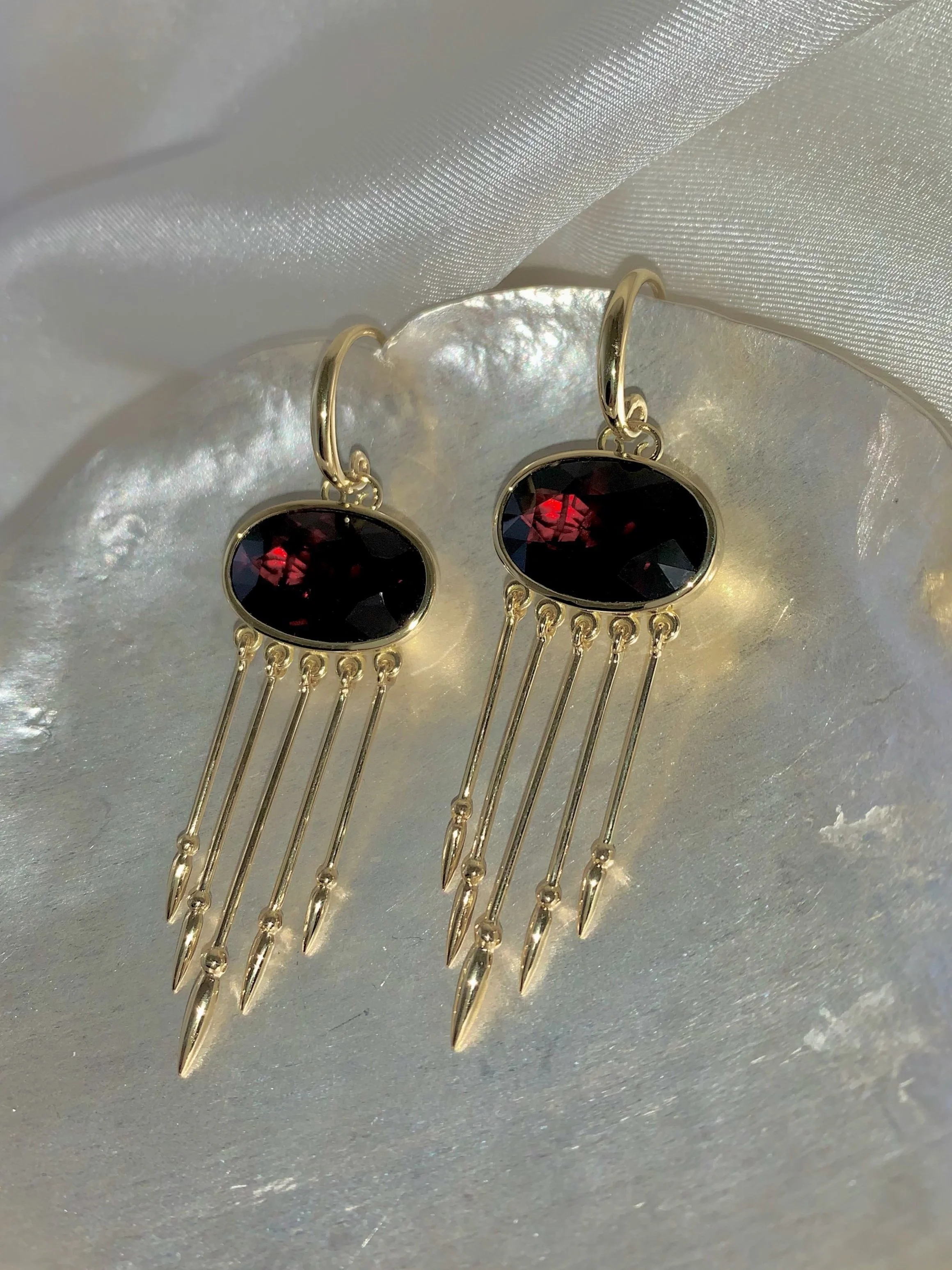 MARIE red garnet tassel earrings 18ct yellow gold