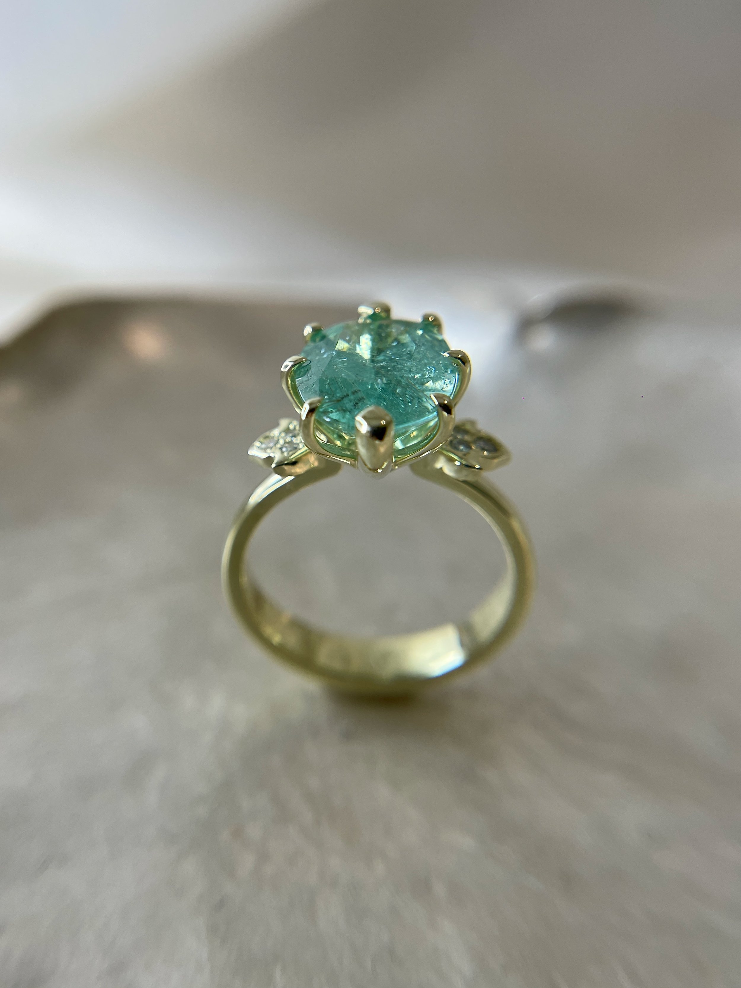 Eyre Paraiba tourmaline ring 16ct green gold ivy leaf design
