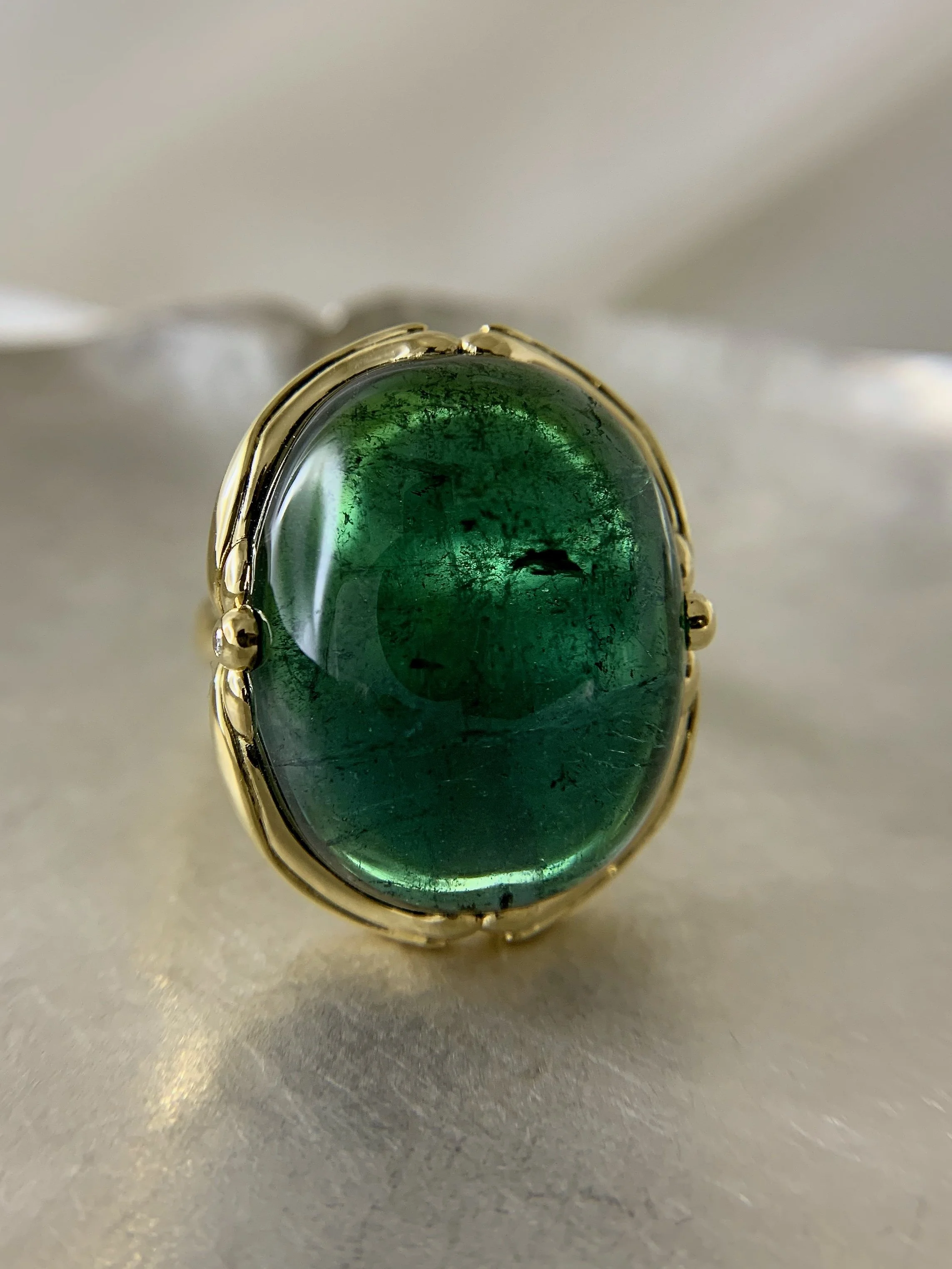 green blue tourmaline cabochon art nouveau ring