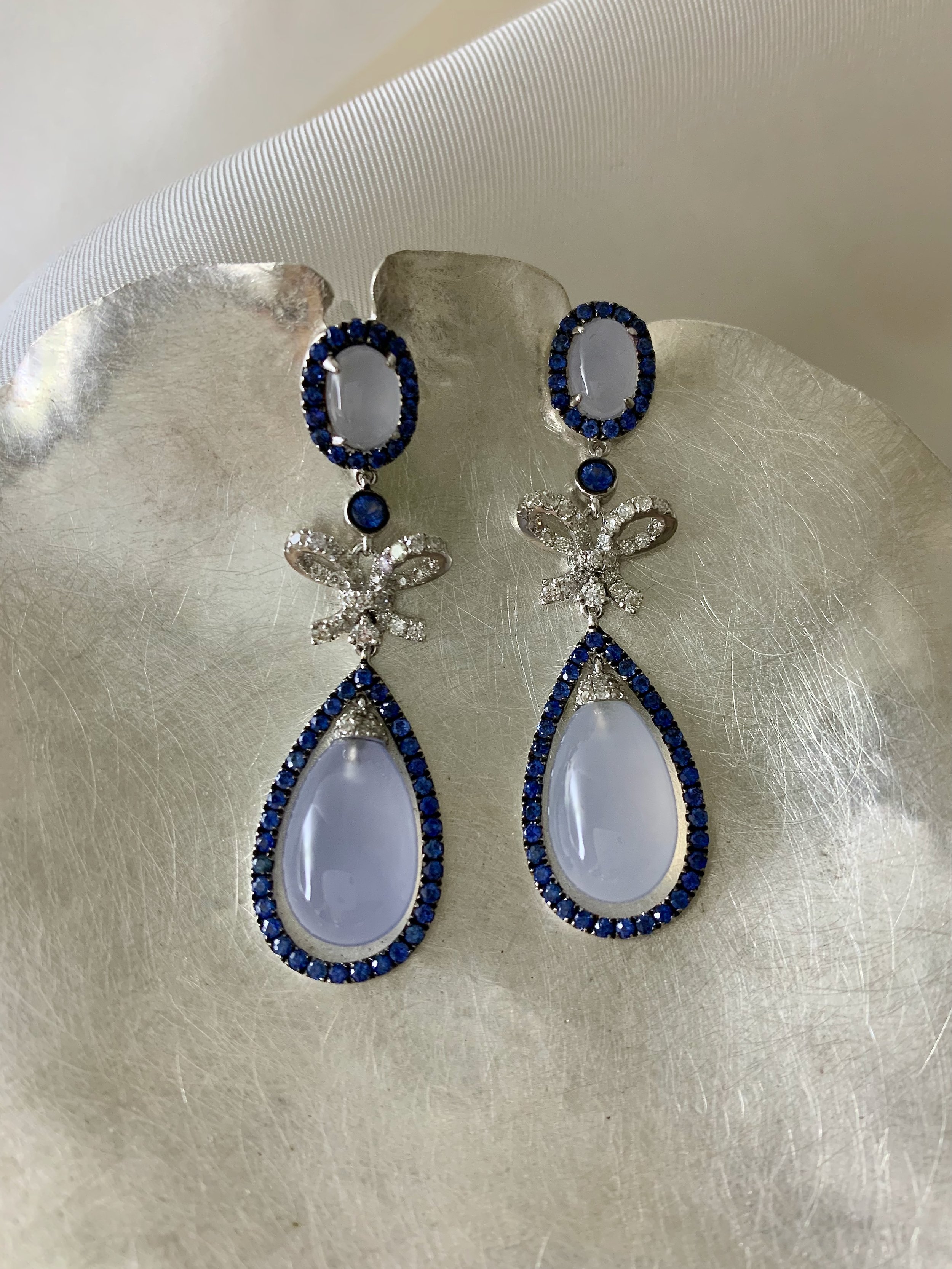 Natural lavender Chalcedony and Sapphire earrings set in 18ct white gold with diamonds
