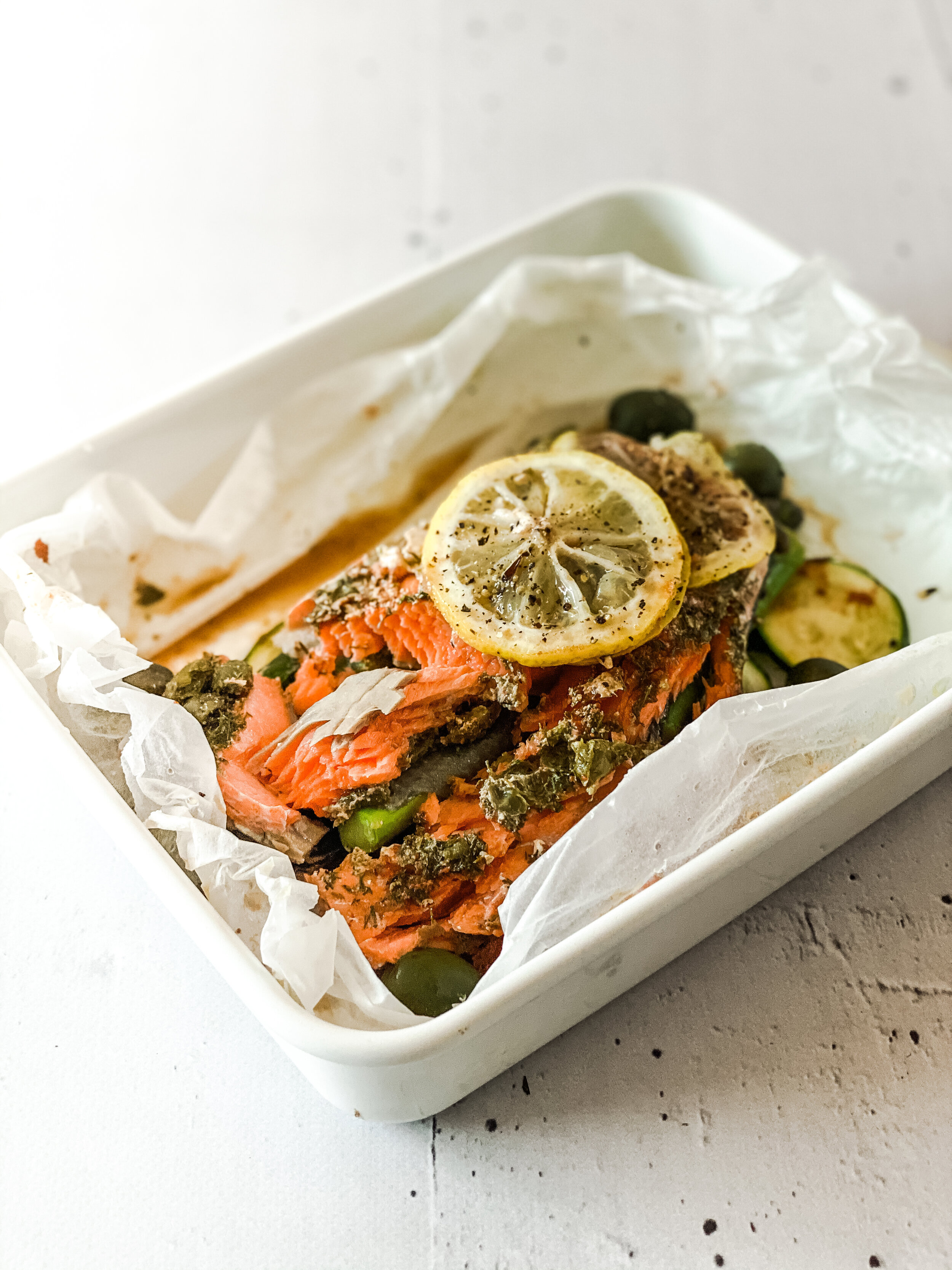 Wild Salmon En Papillote With Greens + Olives by Liv Kaplan