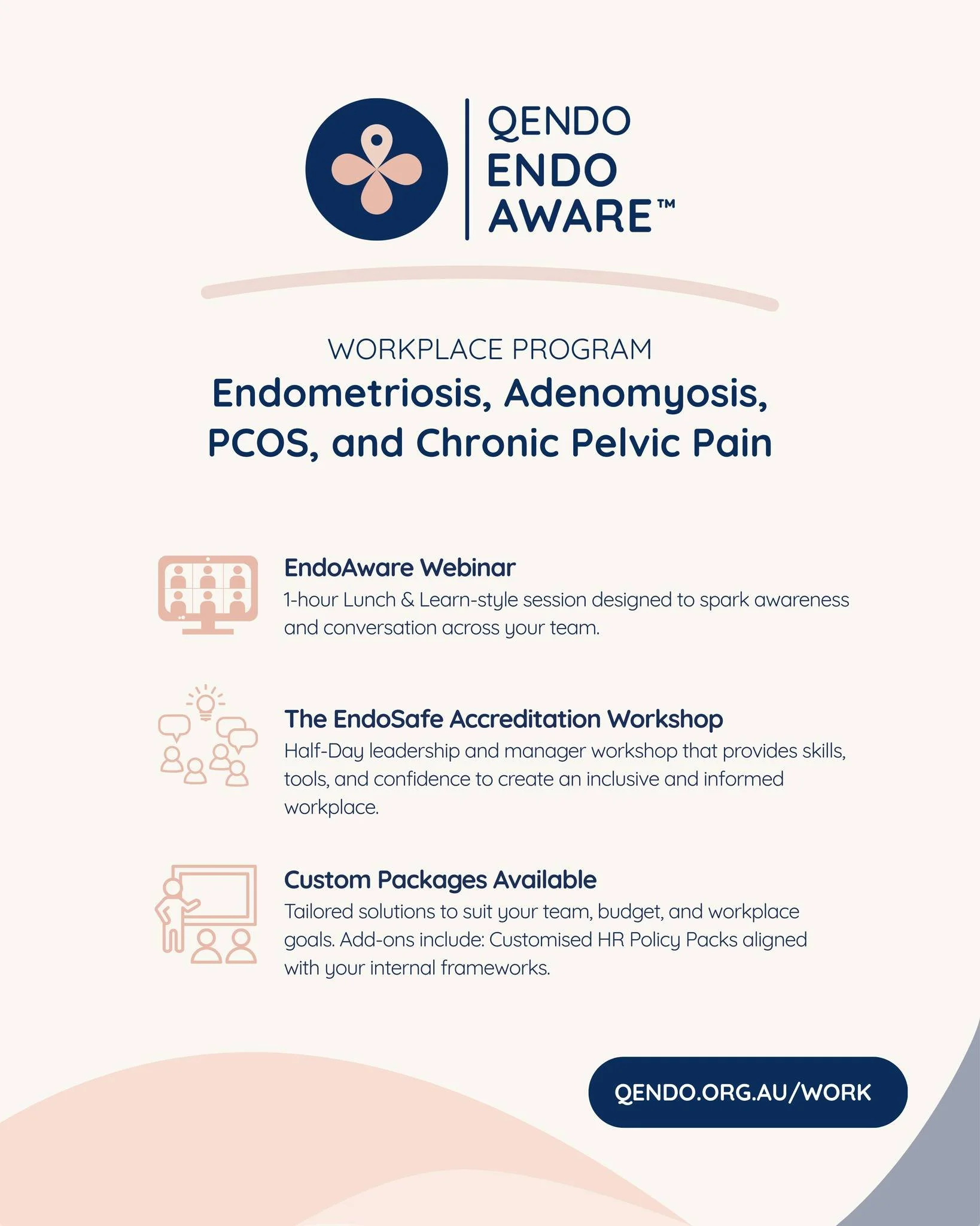 QENDO’s EndoAware Workplace Program. Supporting Workplaces Since 2019. 🏢
Despite many Australians living with endometriosis, adenomyosis, PCOS, and pelvic pain, many workplaces are not equipped to support affected employees, leading to career
