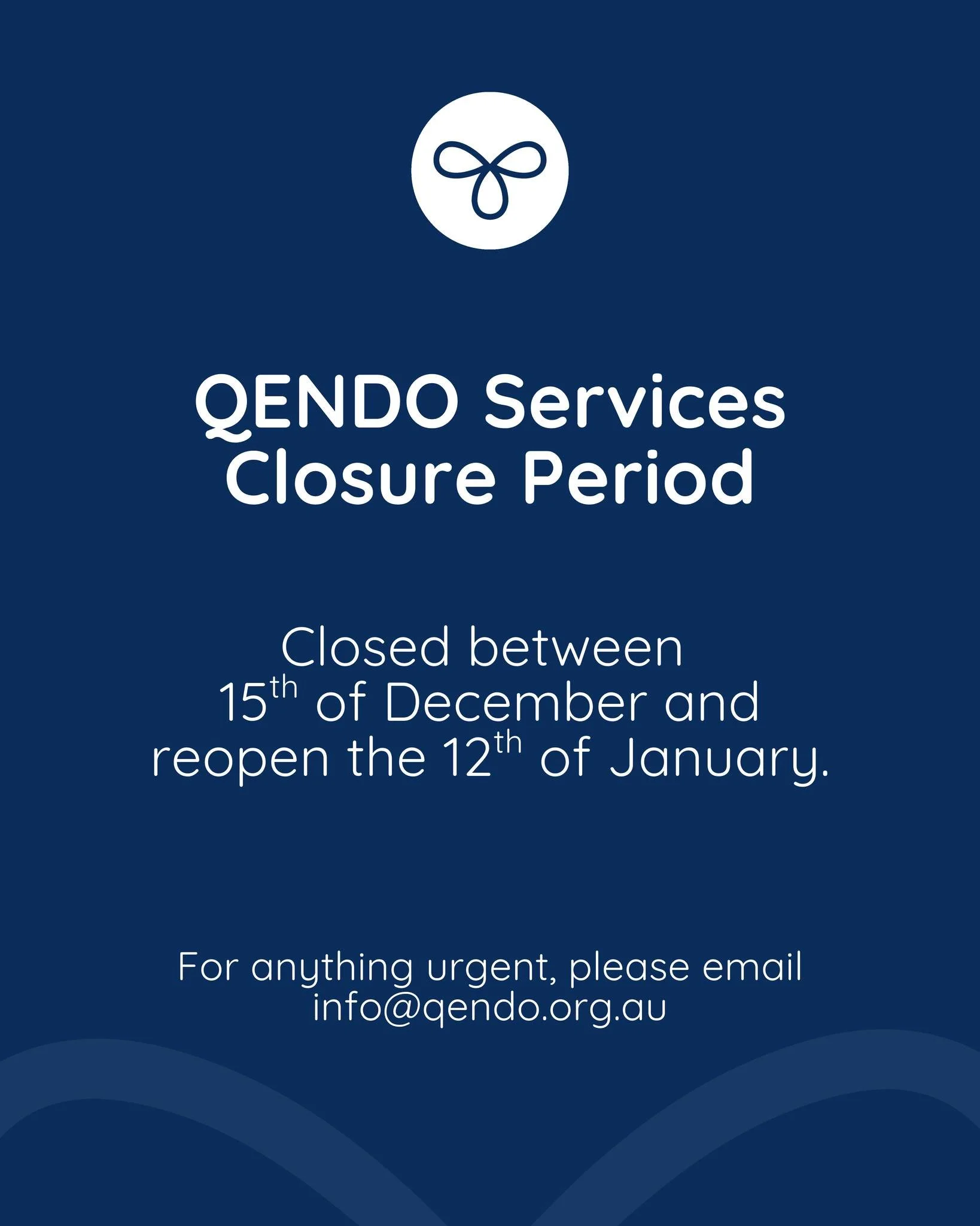 QENDO Services Closure Period Announcement

As the holiday season approaches, our QENDO services will be taking a well-deserved pause to allow our dedicated operations team and volunteers to enjoy this special time with loved ones. We sincerely thank