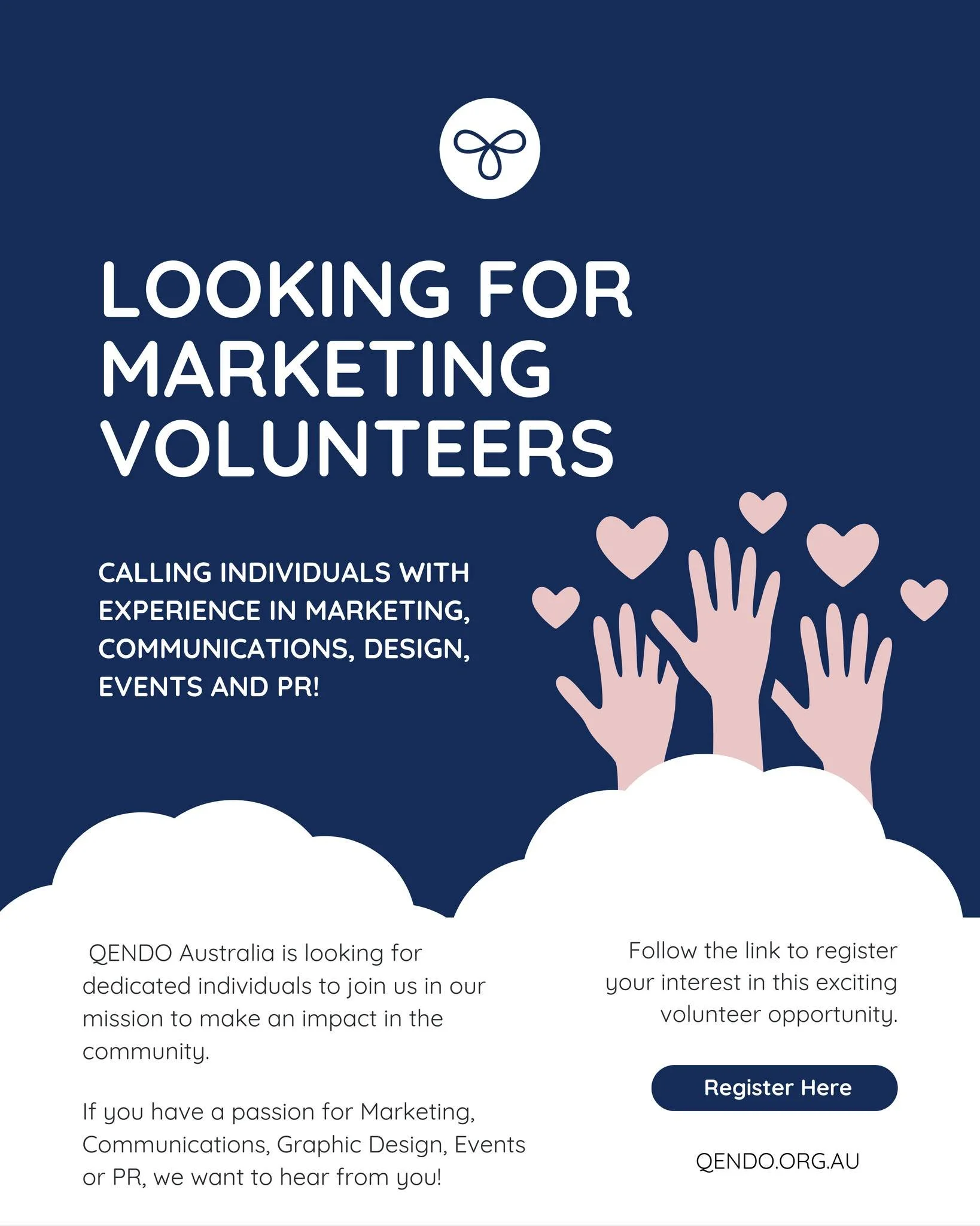🌟 Expressions of Interest for Marketing Volunteers🌟

QENDO Australia is on the lookout for passionate volunteers to join our team in a marketing capacity! If you have experience or interest in Marketing, Communications, Design, Events, or PR, we wa