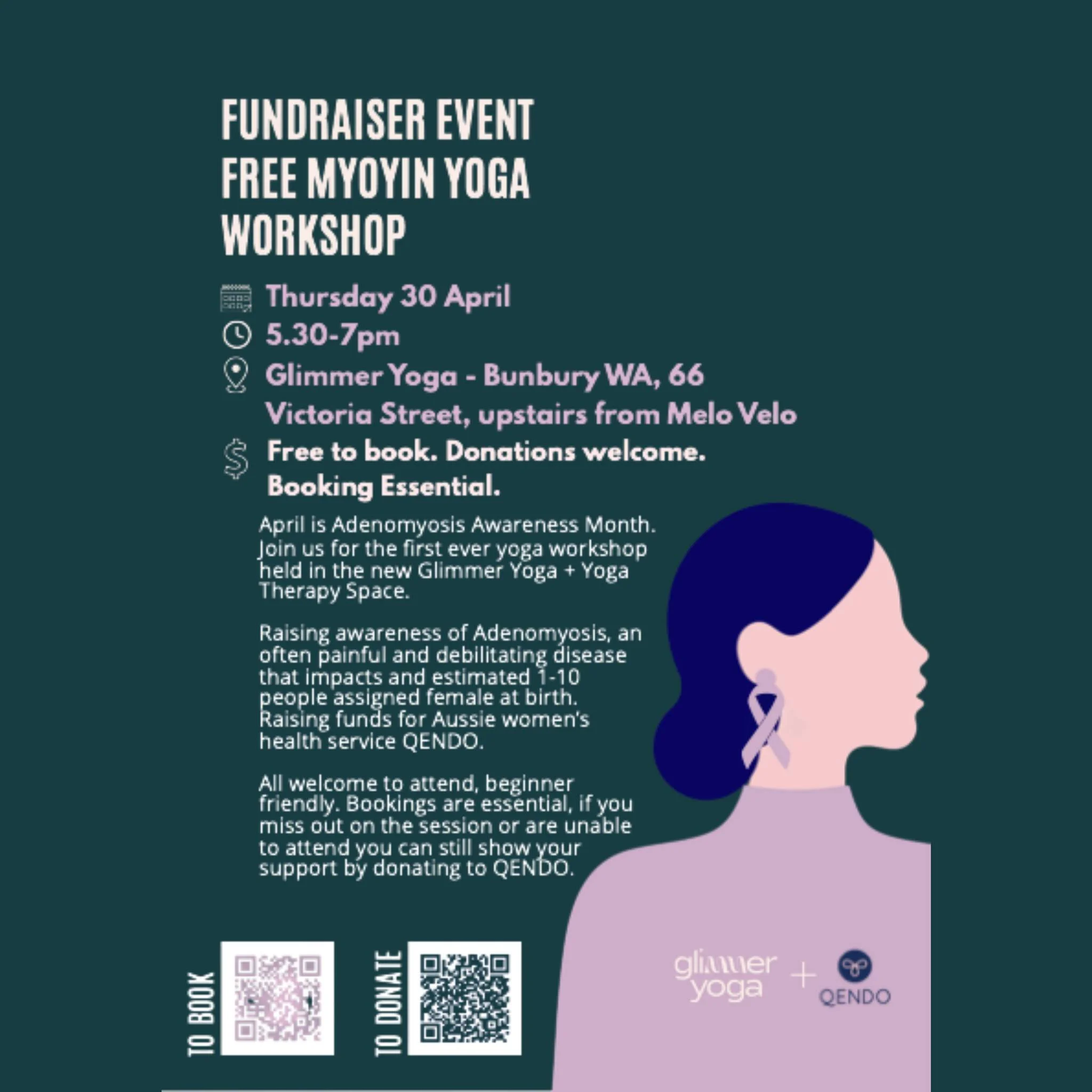 Join us for the first ever yoga workshop held in the new Glimmer Yoga + Yoga Therapy Space. 

Raising awareness of Adenomyosis, a painful and often debilitating disease that impacts an estimated 1-10 people assigned female at birth.

Raising funds fo