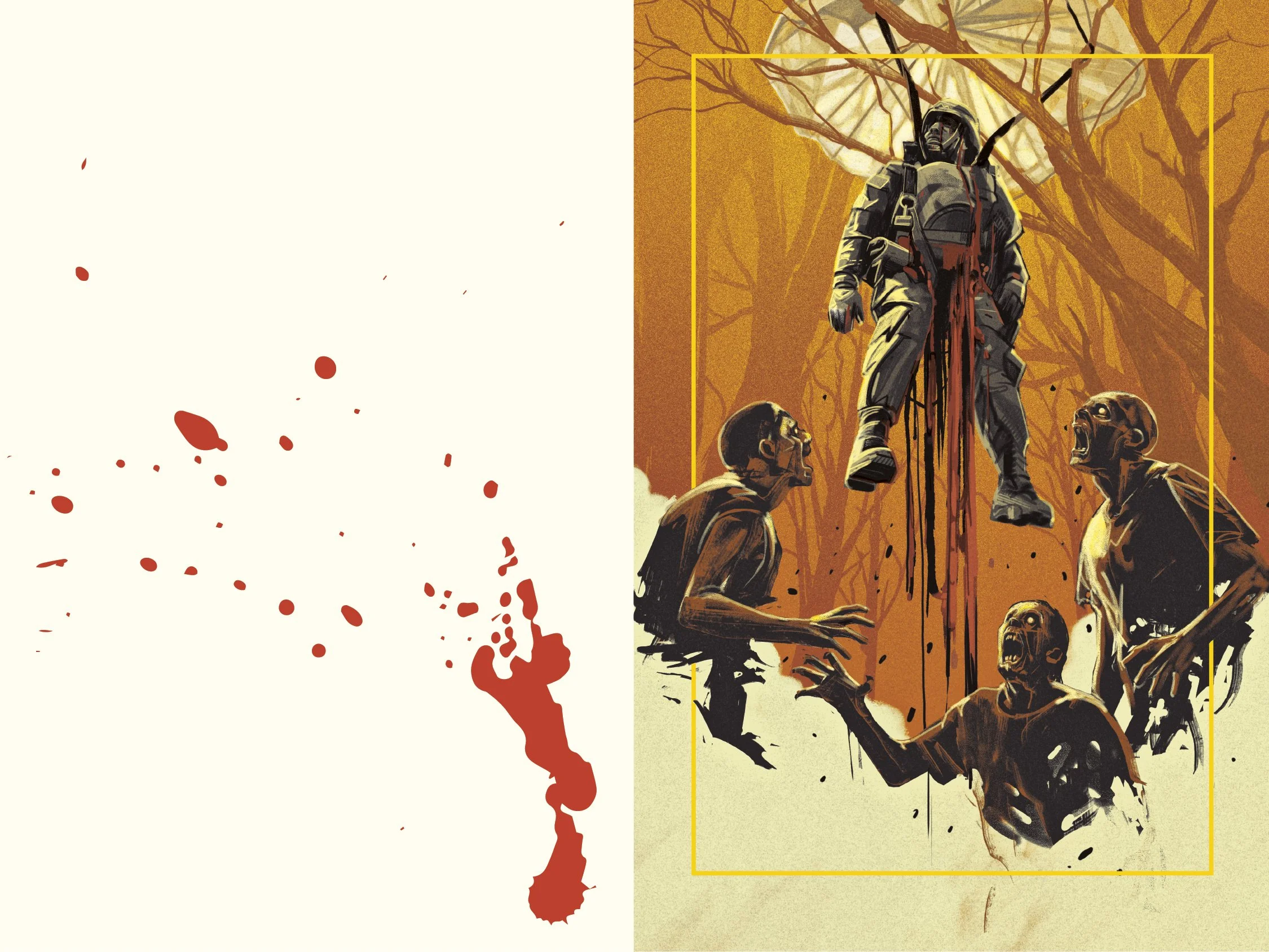  Illustrations by Oliver Barrett.   For the color inserts, I decided to place a frame with pop-out elements. Similar to the Marvel Masterpiece trading cards from the 1990’s. A comic book influence from my comic book design background.  