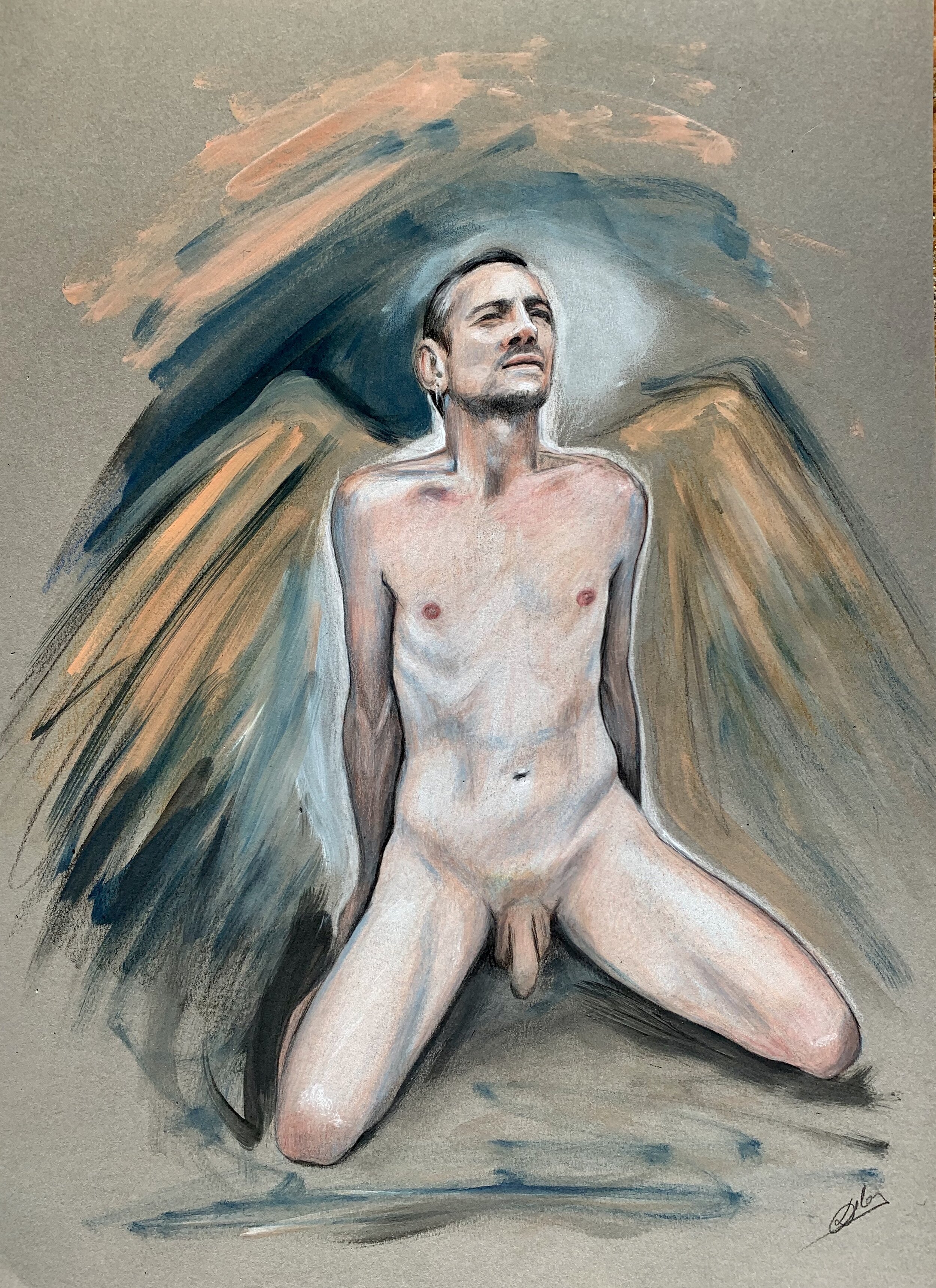 Nude Angel Study. Pastel and oil on gray paper 30 x 40 cm