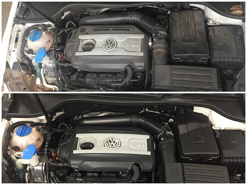 Before and after engine detailing; removing dirt grime and grease leaving it crisp clean and conditioned.