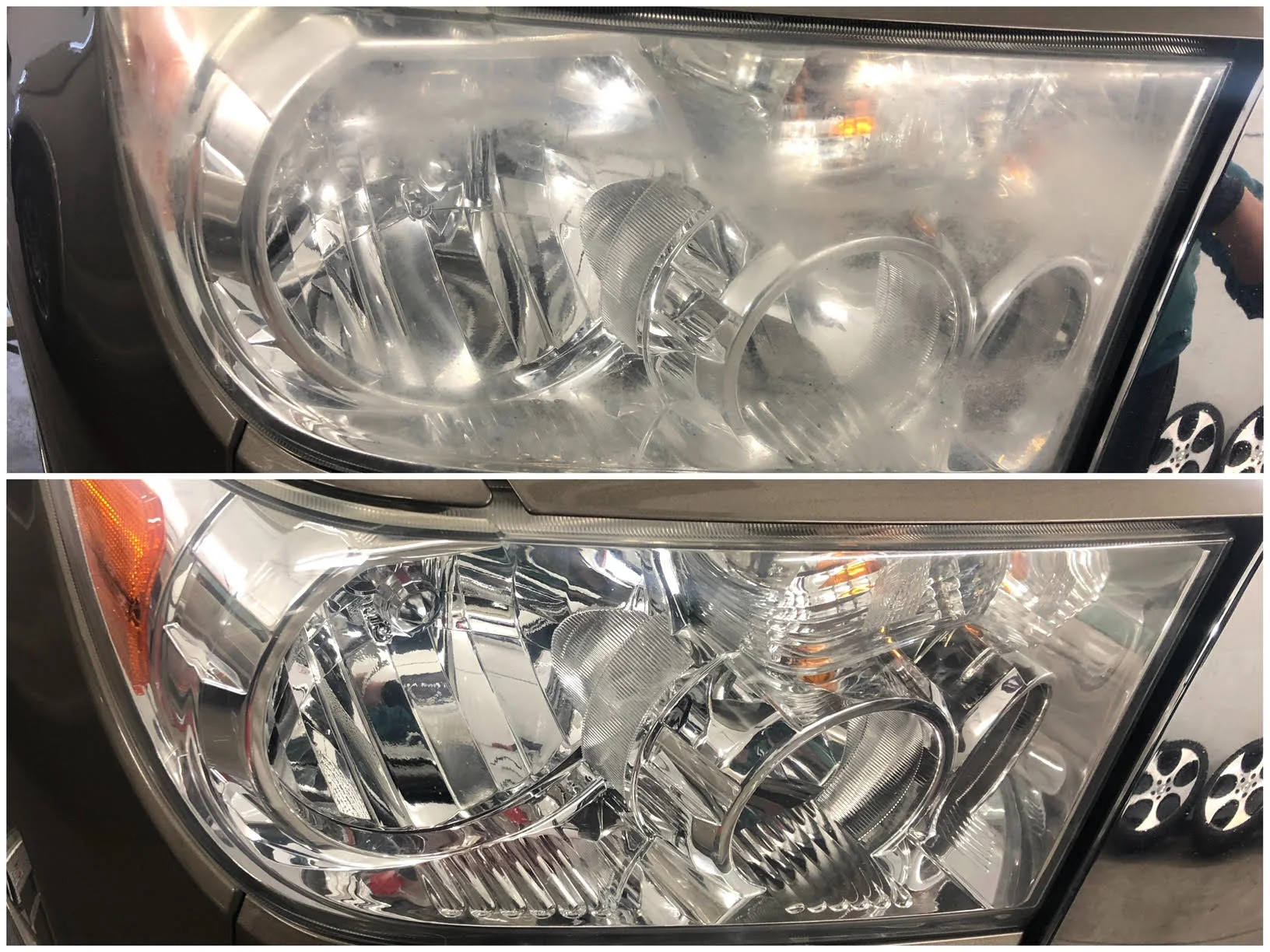 Headlight restoration; oxidized, hazy, dull and unclear lights restored to like-new condition and protected with our Shine Supply ceramic coating.