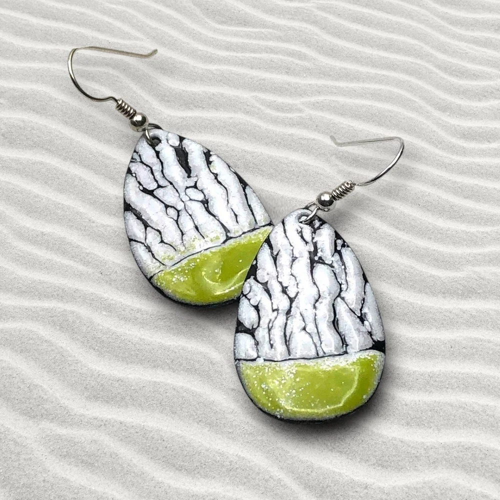 Wave Enamel Bitter Green & White Teardrop Earrings