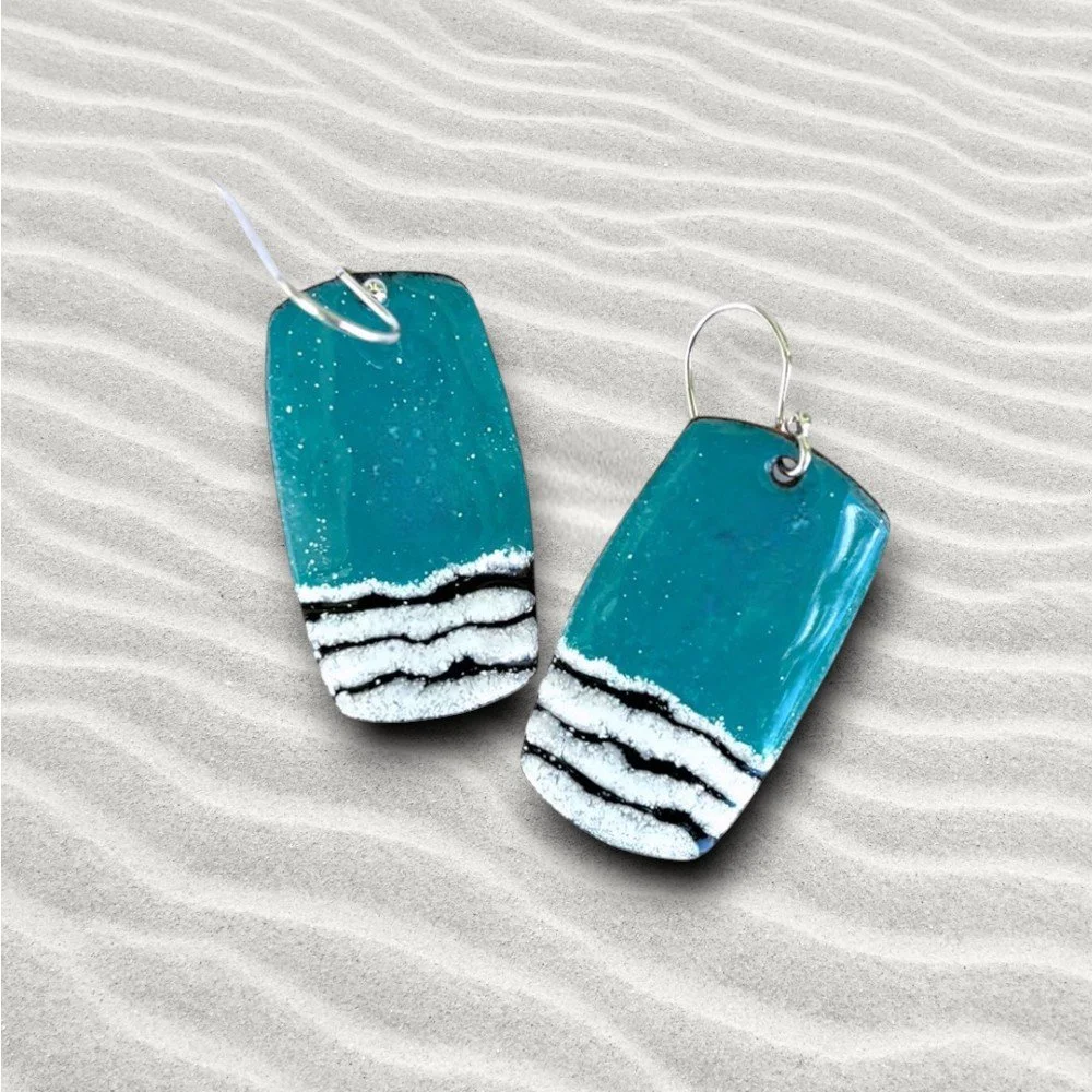 Wave Enamel Sapphire & White & Black Rectangle Earrings