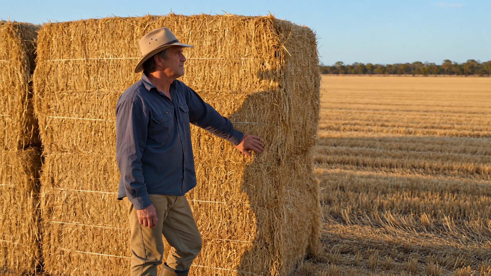 Farmer standing beside stacked straw bales in a harvested field