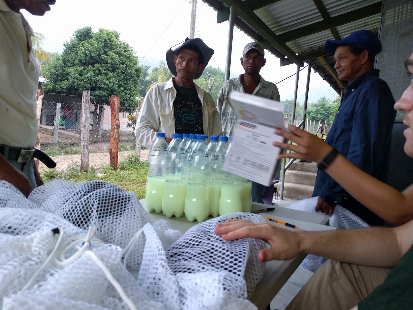 High concentration Tinopal solution and personal protective equipment is given to participating farmers as part of the study. Farmers spray their fields using this fluorescent tracer.