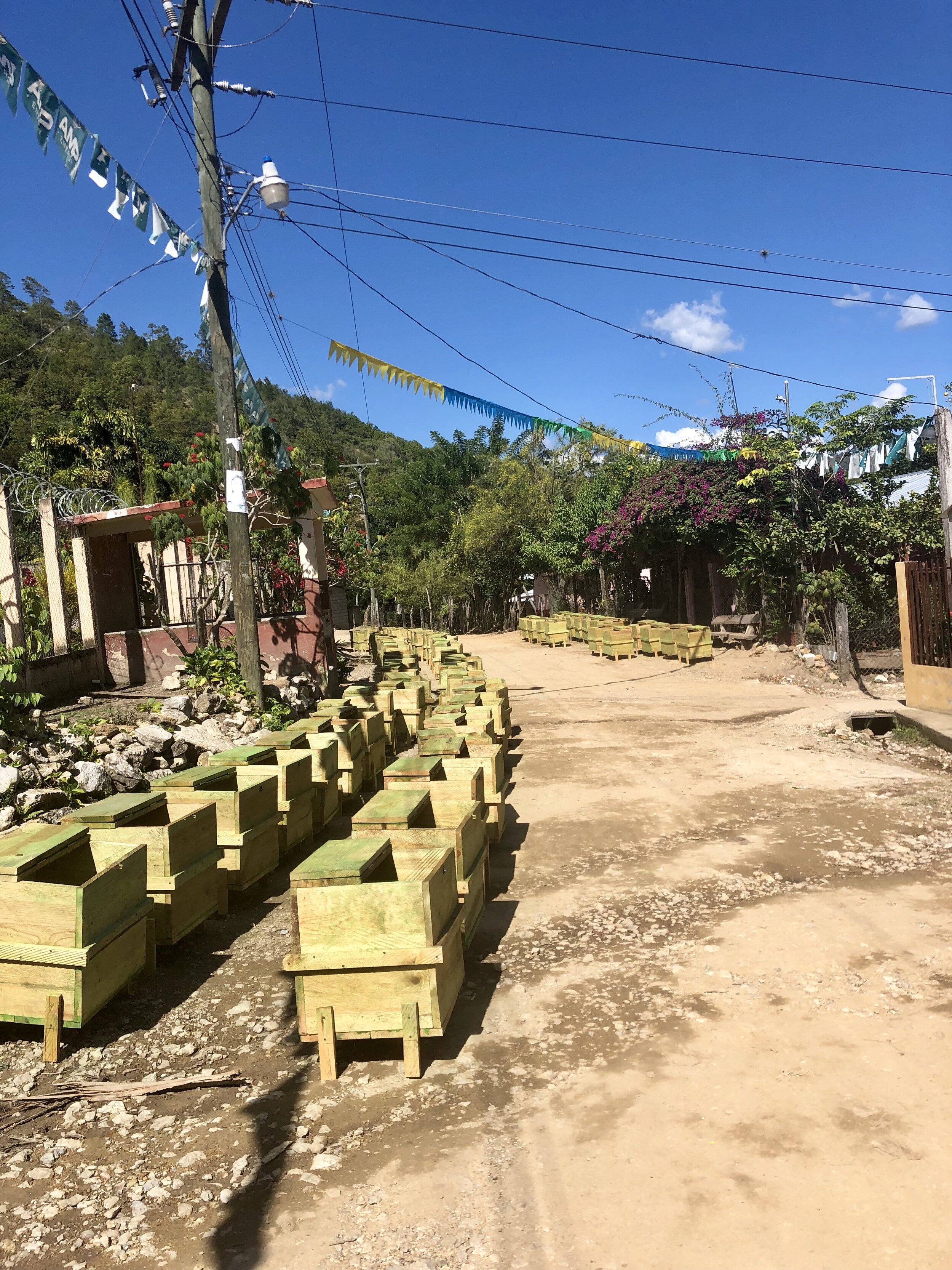 The 78 chemical storage boxes ready to be distributed to families in El Rosario.