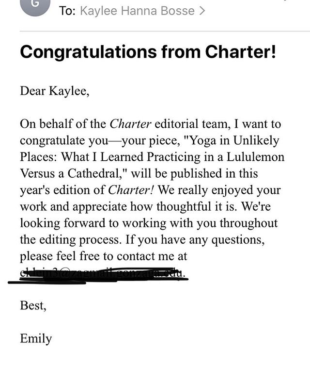 I&rsquo;m SUPER excited to announce that one of my blog posts, &ldquo;This is How I Felt About Doing Yoga in Church,&rdquo; has been selected to be published in Gonzaga&rsquo;s academic journal of scholarship and opinion called Charter as &ldquo;Yoga