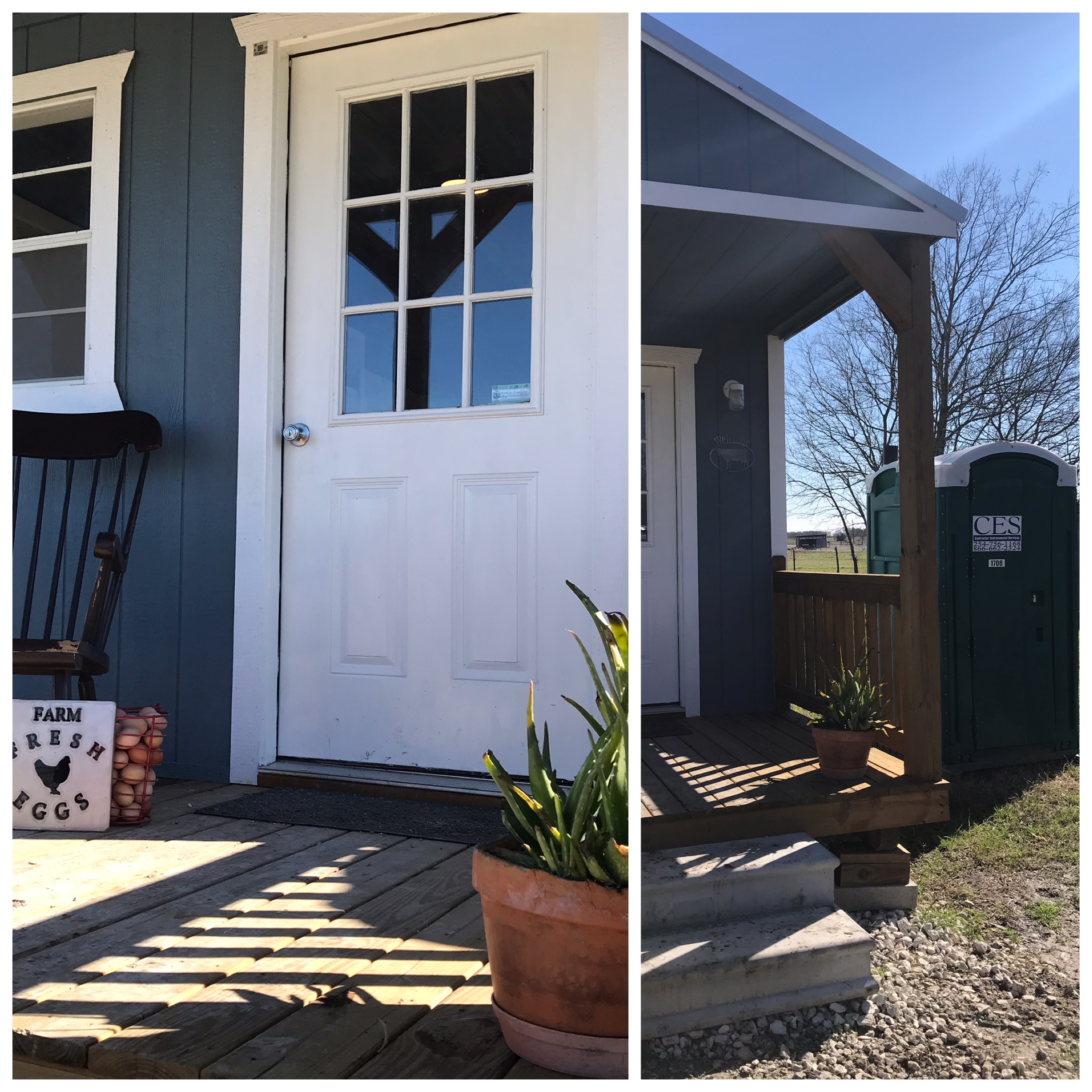 On the left - look at my instagram - perfect porch! but WAIT - really there’s a PortaPotty in plain view when you drive up!