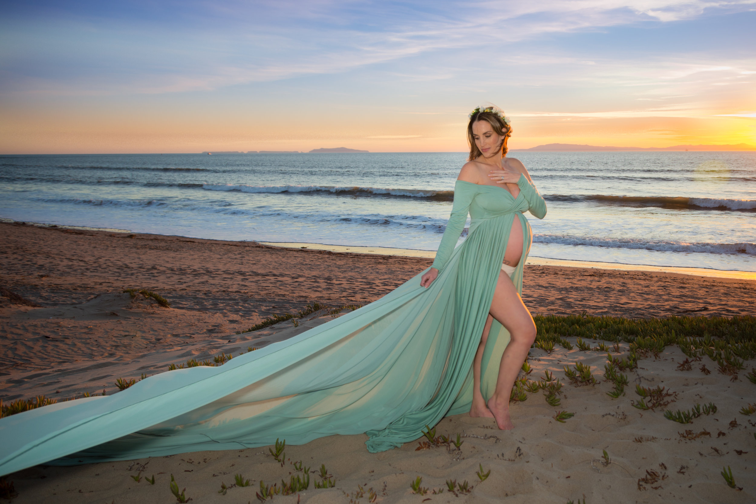 Maternity-Beach-Sunset-Green-Gown-Sand-Ocean