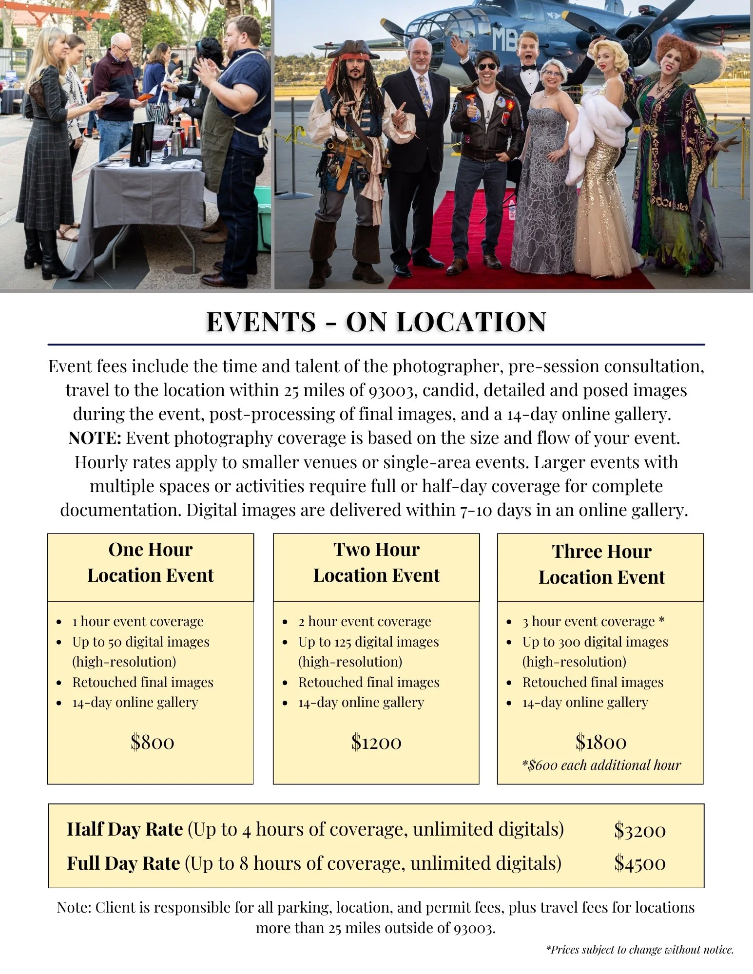 Photographs of event staff and guests at a location, featuring people dressed in costumes and formal attire, with an aircraft in the background, on an event information sheet.