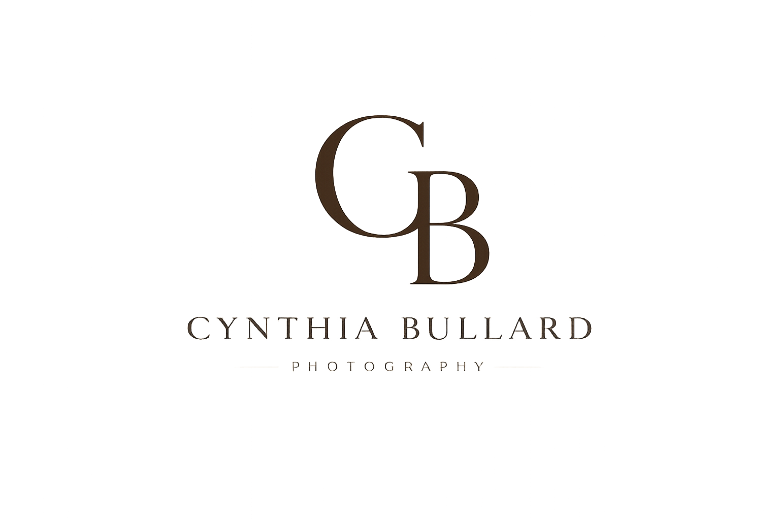 A black background with a logo consisting of the initials 'C B' in large, elegant brown font. Below the initials, the name 'Cynthia Bullard' is written in smaller, uppercase, white font, with the word 'Photography' underneath, separated by a horizontal line.